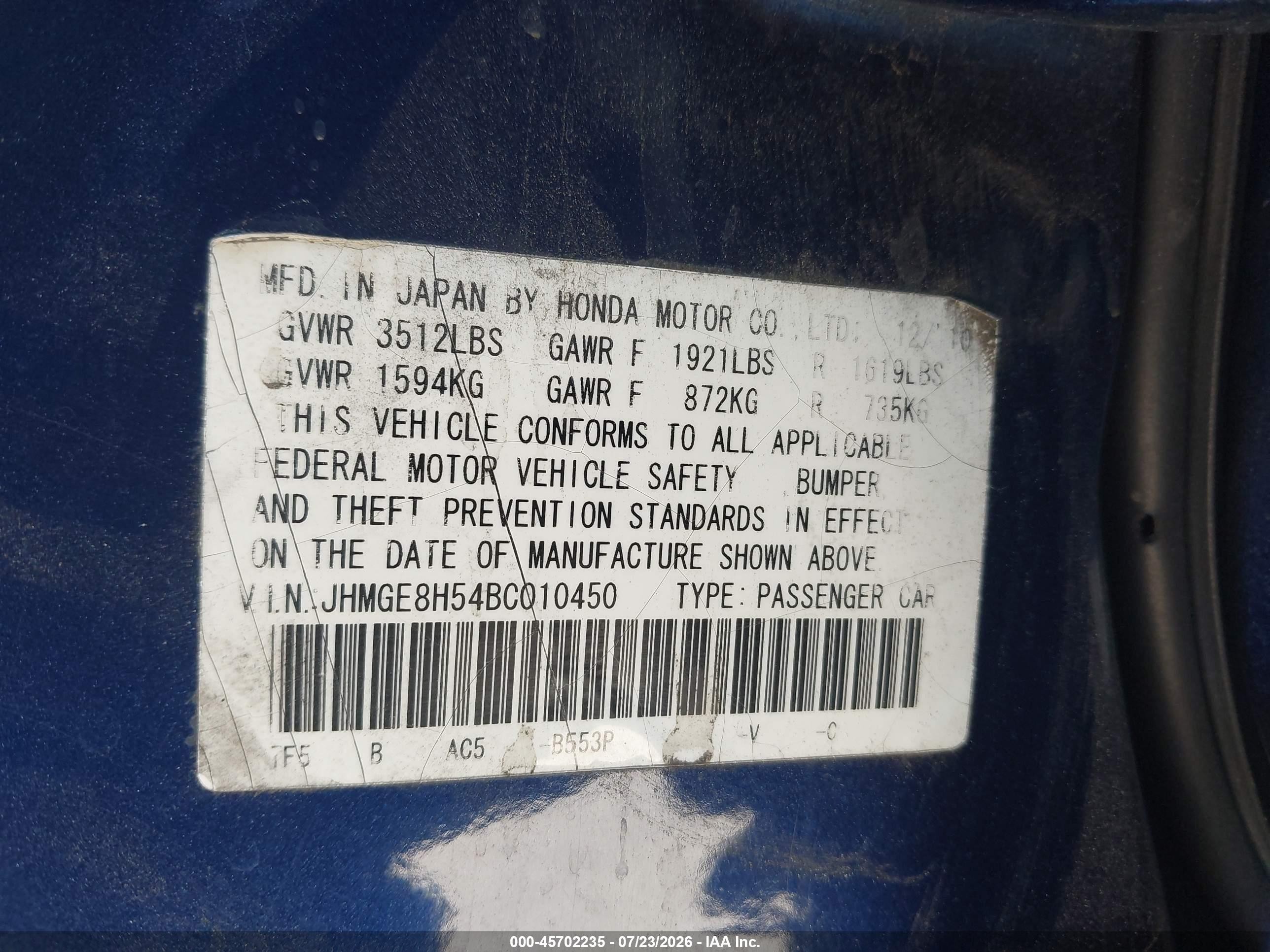 2011 Honda Fit Sport Blue vin: JHMGE8H54BC010450