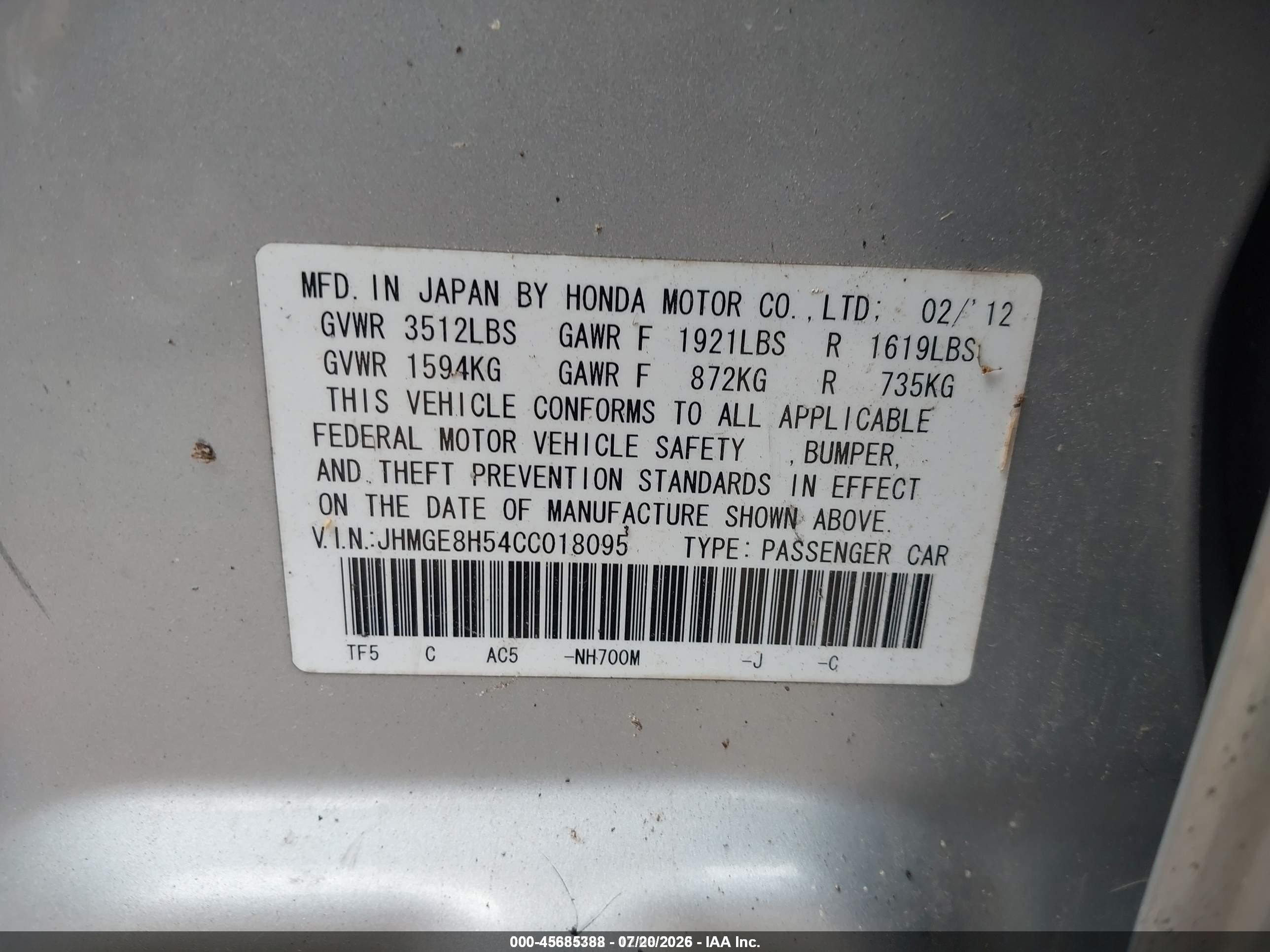 2012 Honda Fit Sport Silver vin: JHMGE8H54CC018095