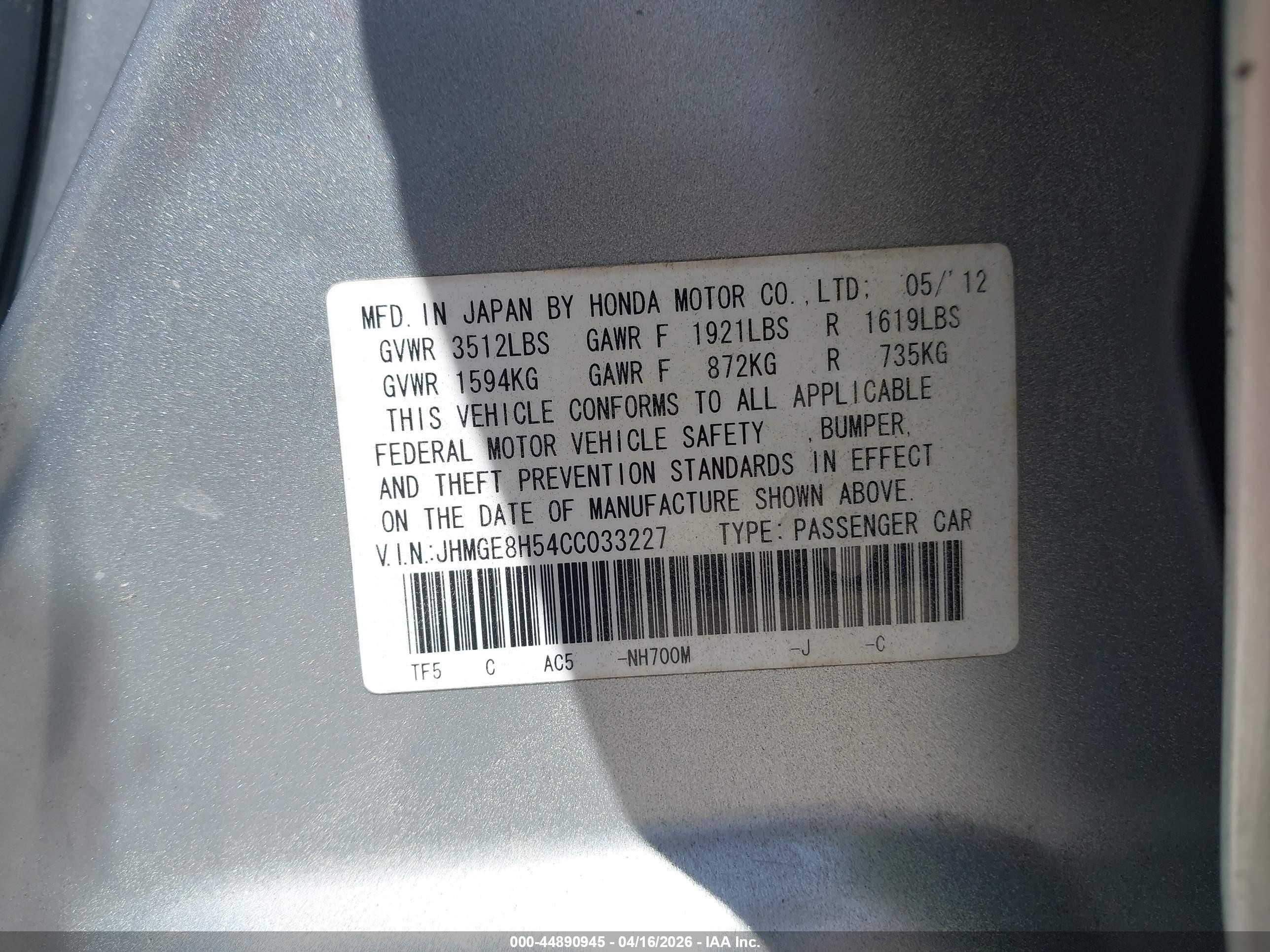 2012 Honda Fit Sport Silver vin: JHMGE8H54CC033227