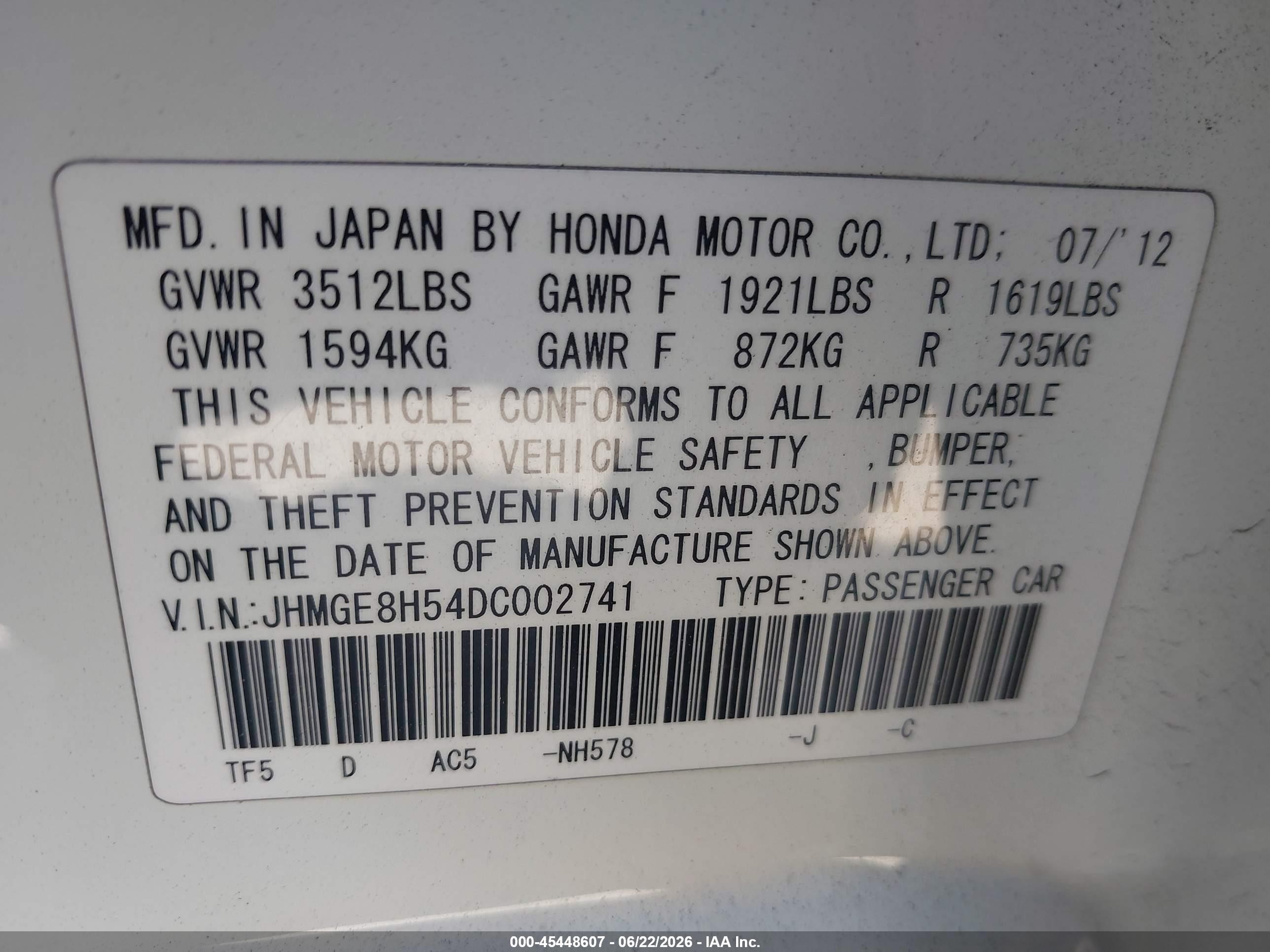 2013 Honda Fit Sport White vin: JHMGE8H54DC002741