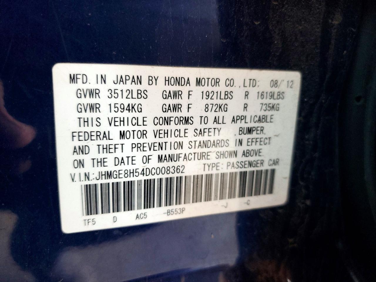 2013 Honda Fit Sport Blue vin: JHMGE8H54DC008362