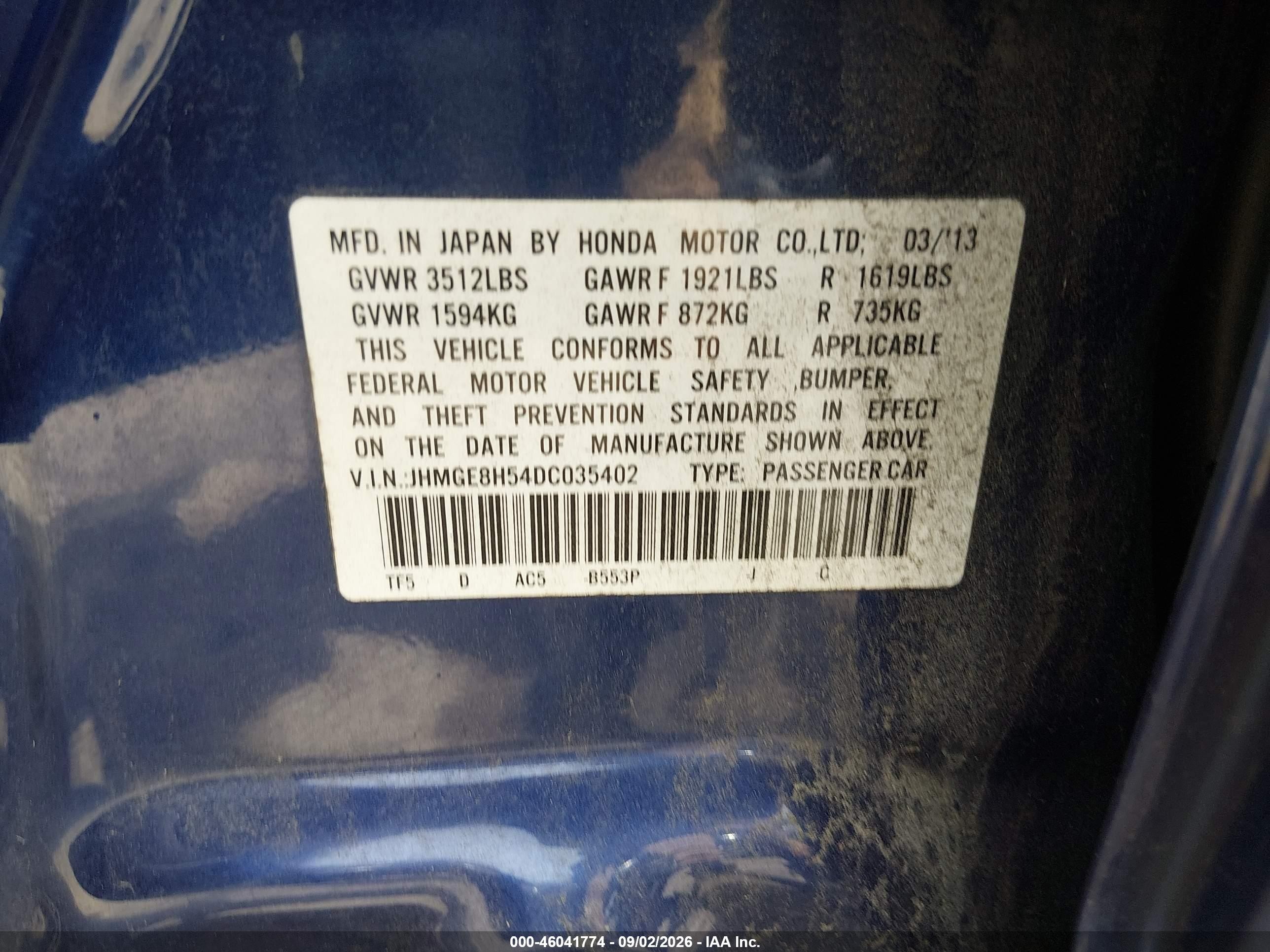 2013 Honda Fit Sport Blue vin: JHMGE8H54DC035402
