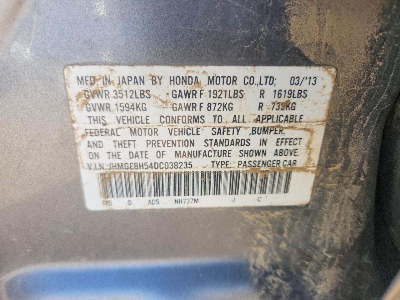 2013 Honda Fit Sport Charcoal vin: JHMGE8H54DC038235