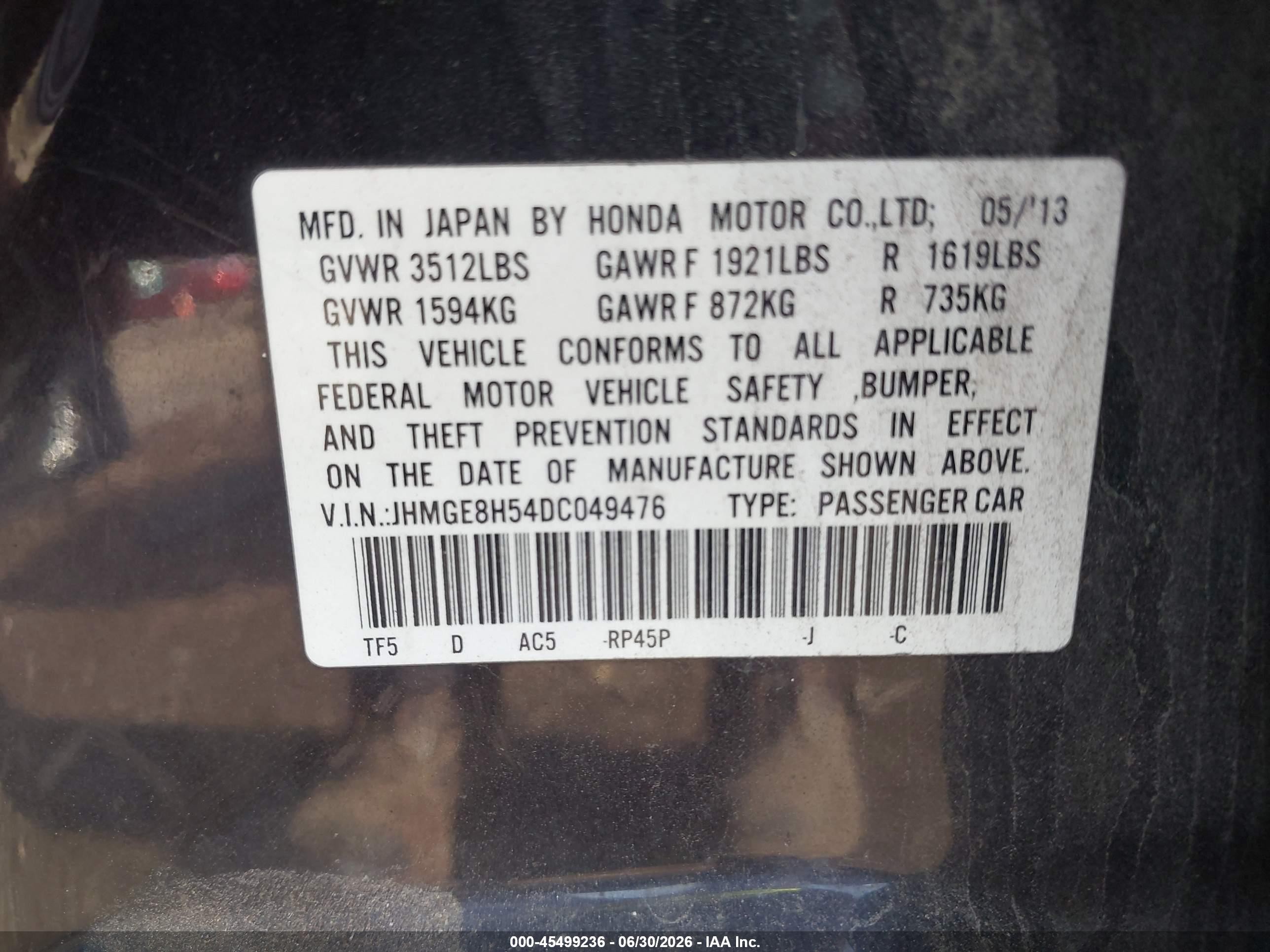 2013 Honda Fit Sport Черный vin: JHMGE8H54DC049476
