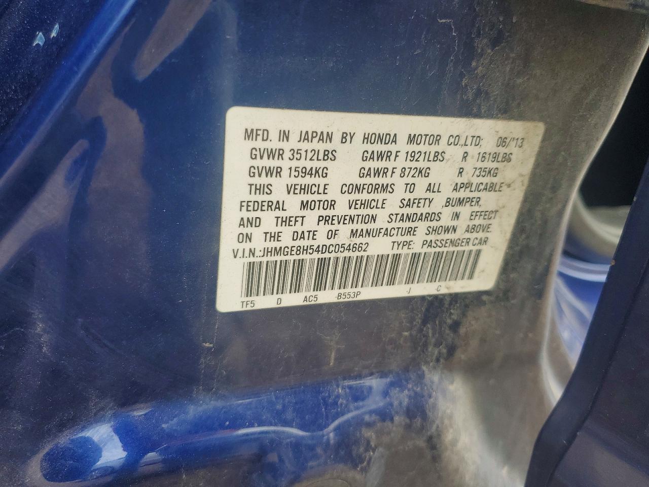 2013 Honda Fit Sport Blue vin: JHMGE8H54DC054662