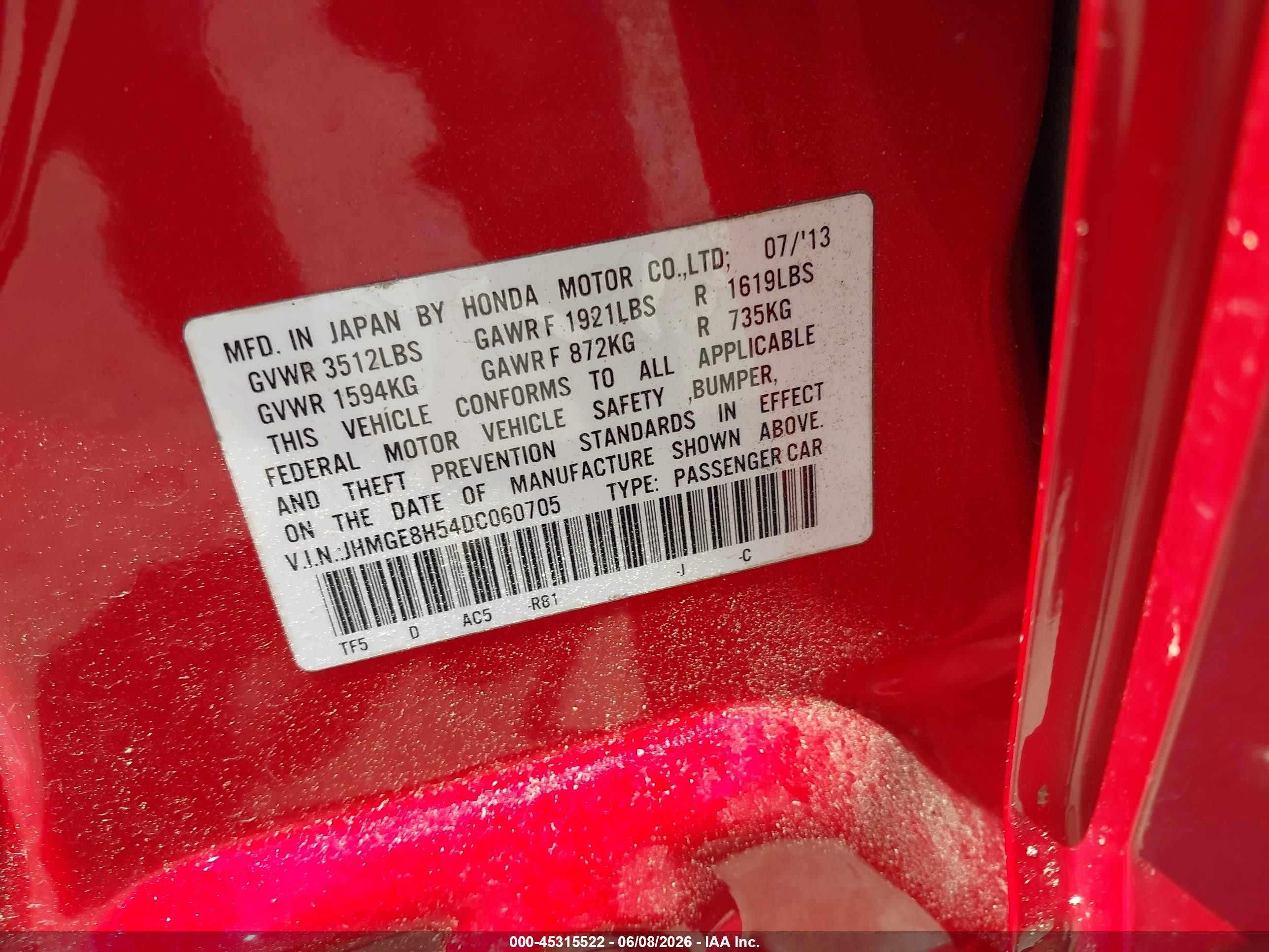2013 Honda Fit Sport Red vin: JHMGE8H54DC060705