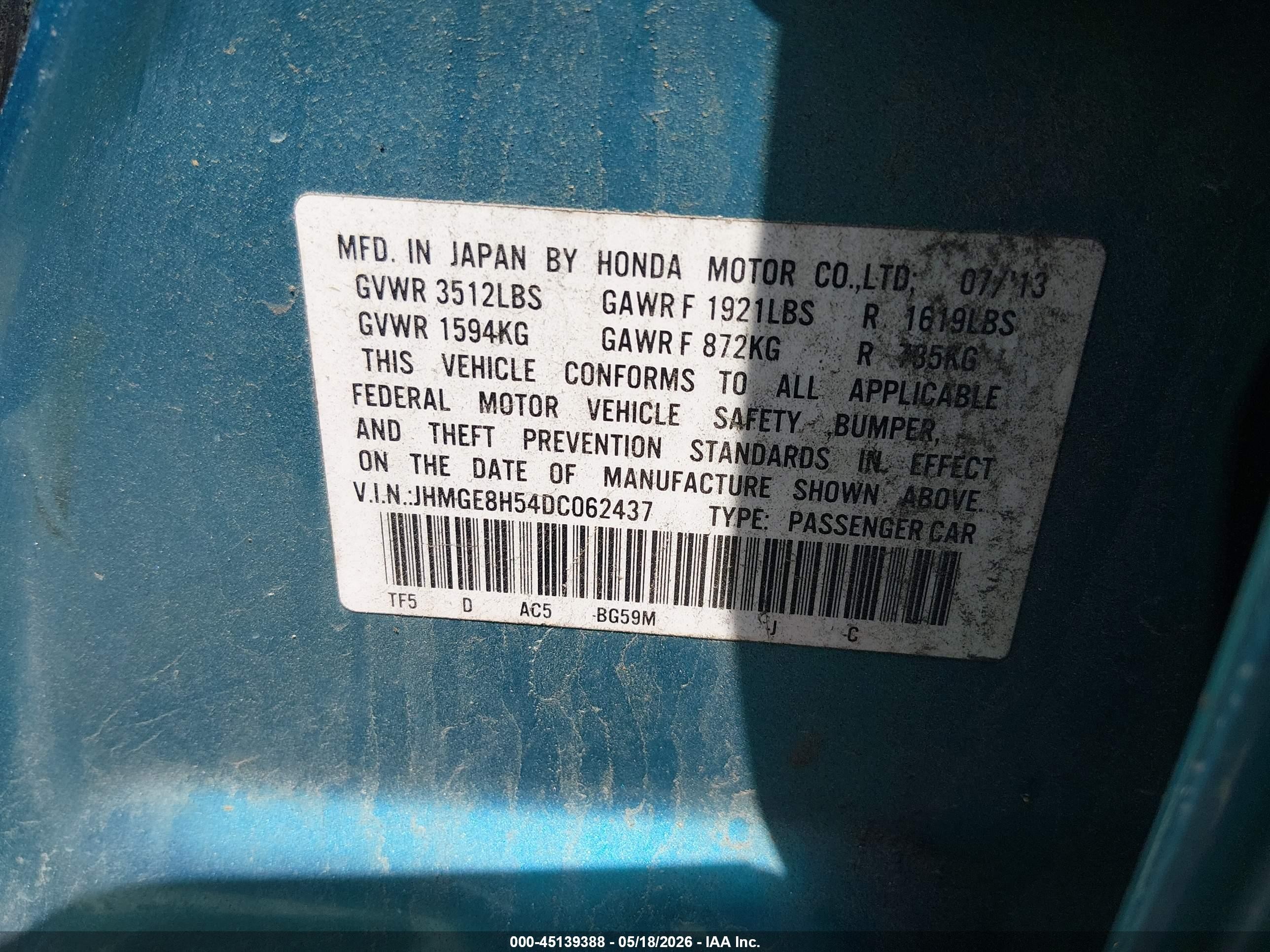 2013 Honda Fit Sport Blue vin: JHMGE8H54DC062437