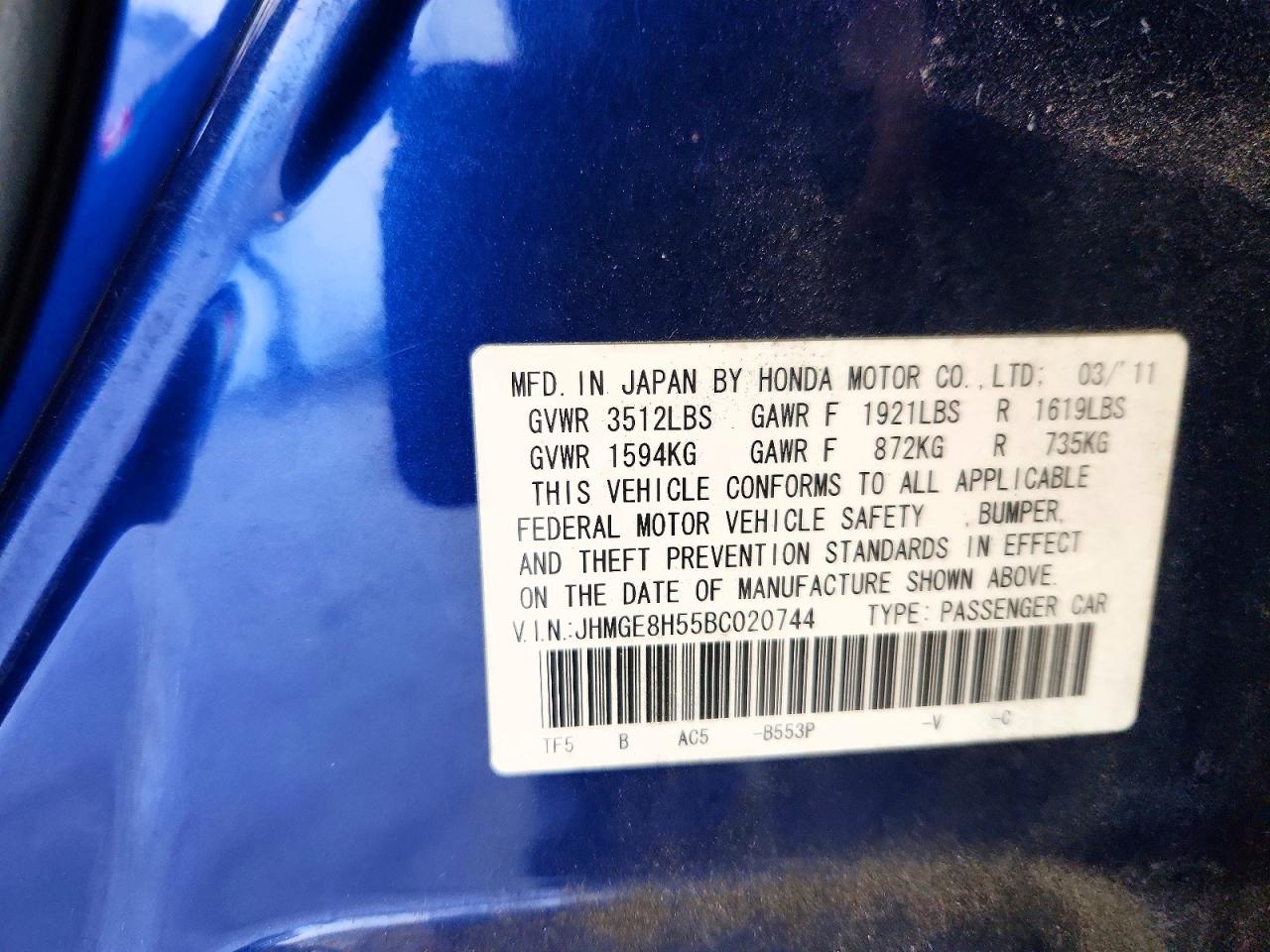 2011 Honda Fit Sport Blue vin: JHMGE8H55BC020744