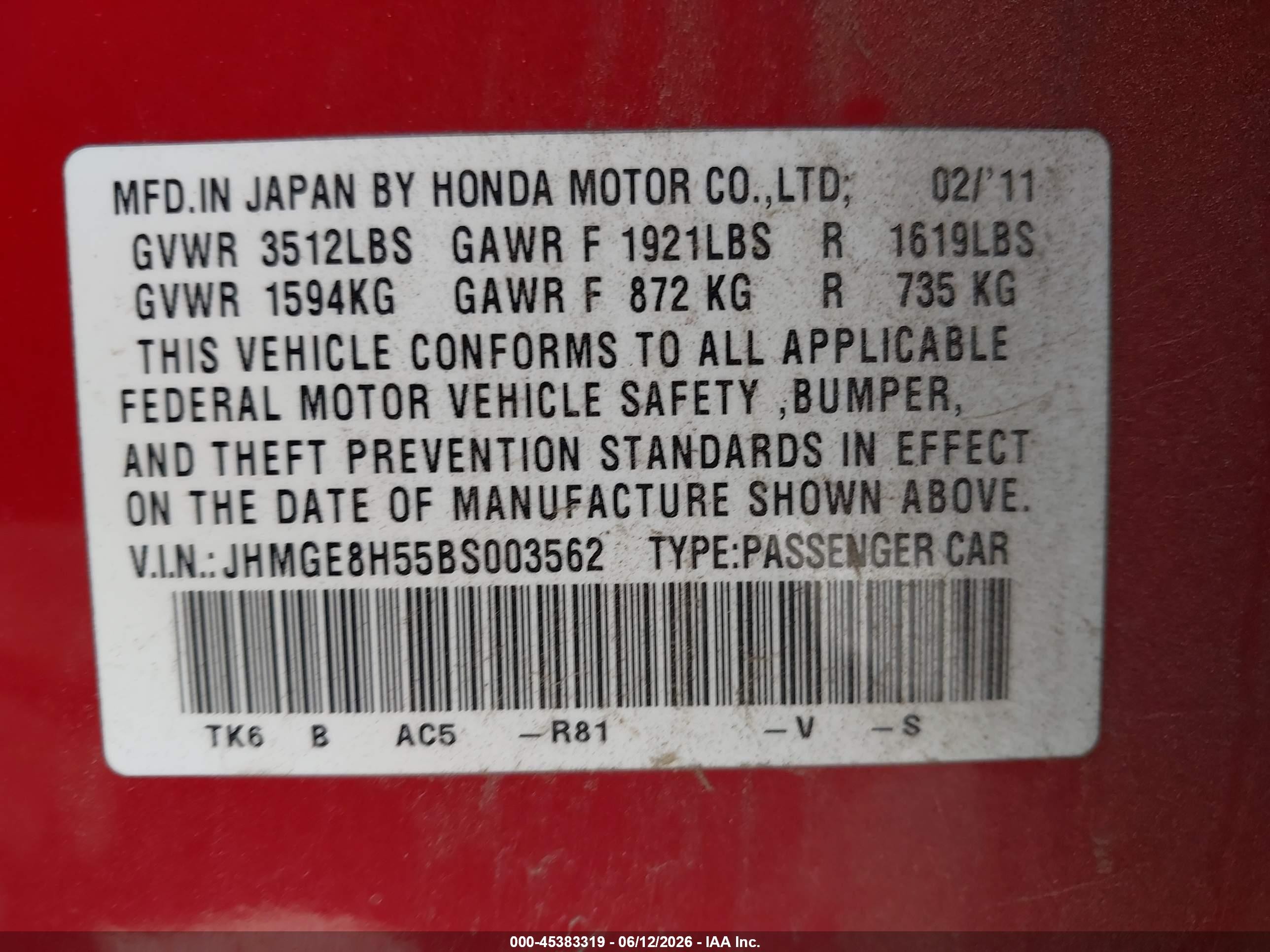 2011 Honda Fit Sport Red vin: JHMGE8H55BS003562
