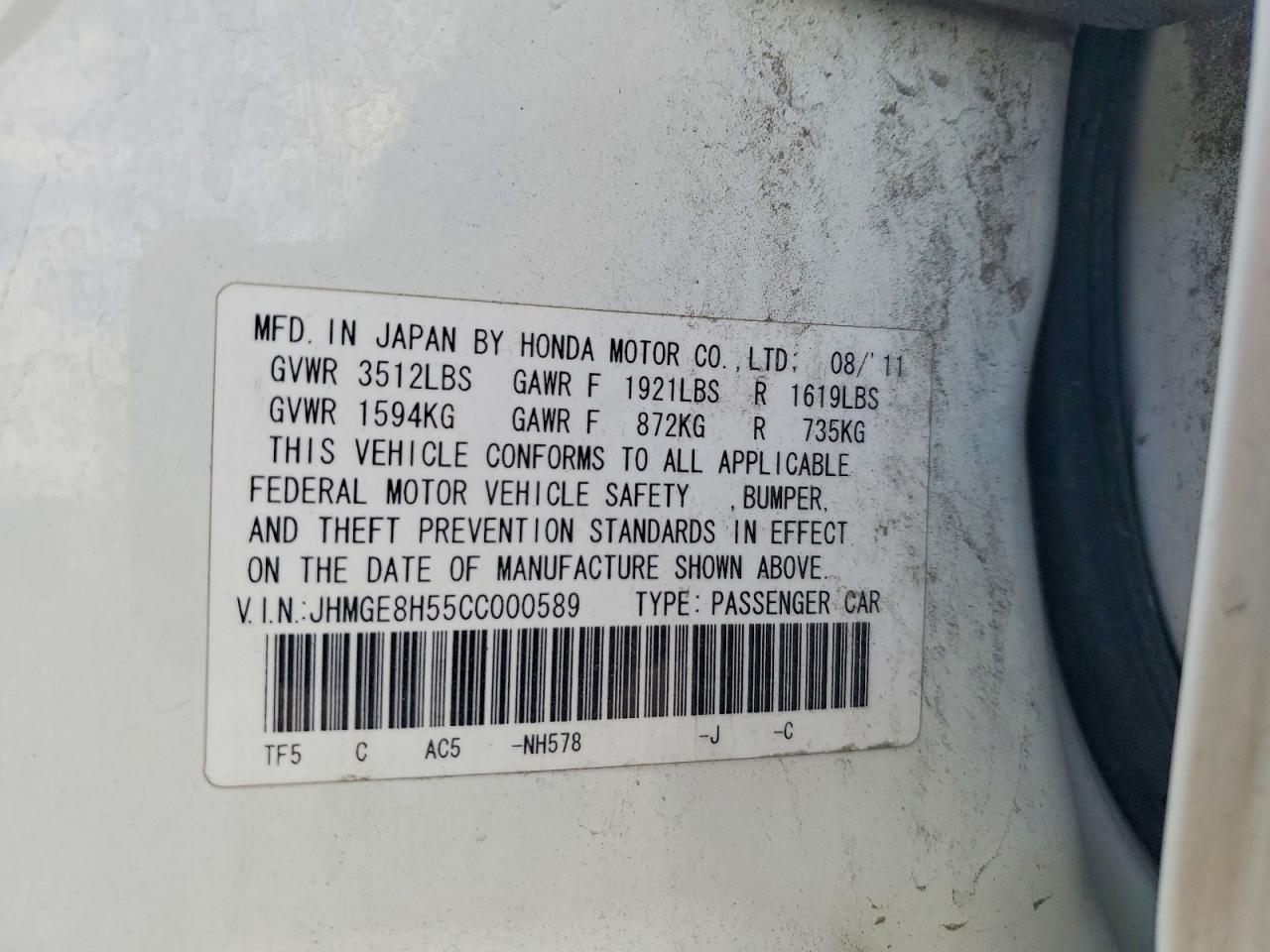 2012 Honda Fit Sport White vin: JHMGE8H55CC000589