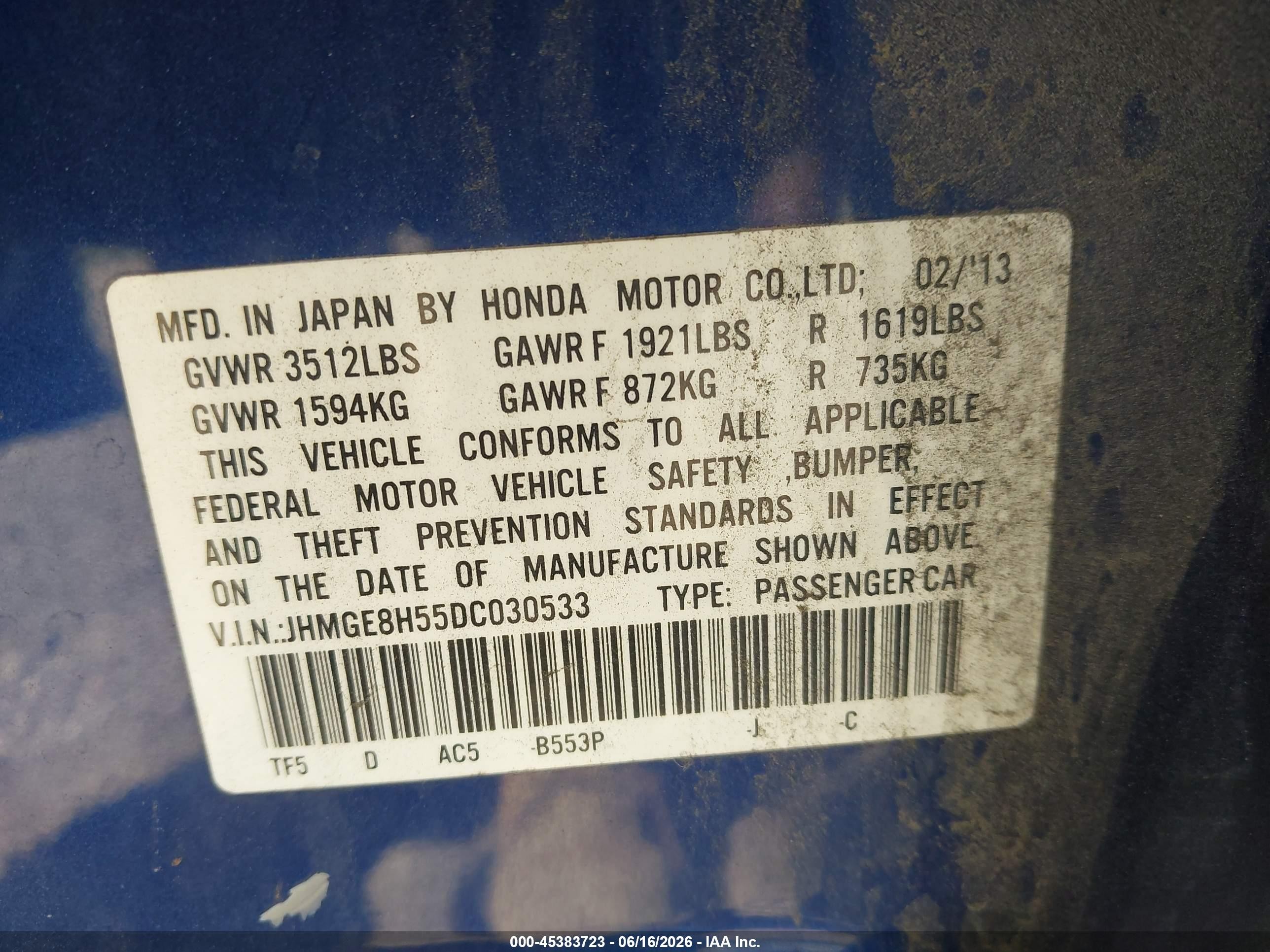 2013 Honda Fit Sport Blue vin: JHMGE8H55DC030533