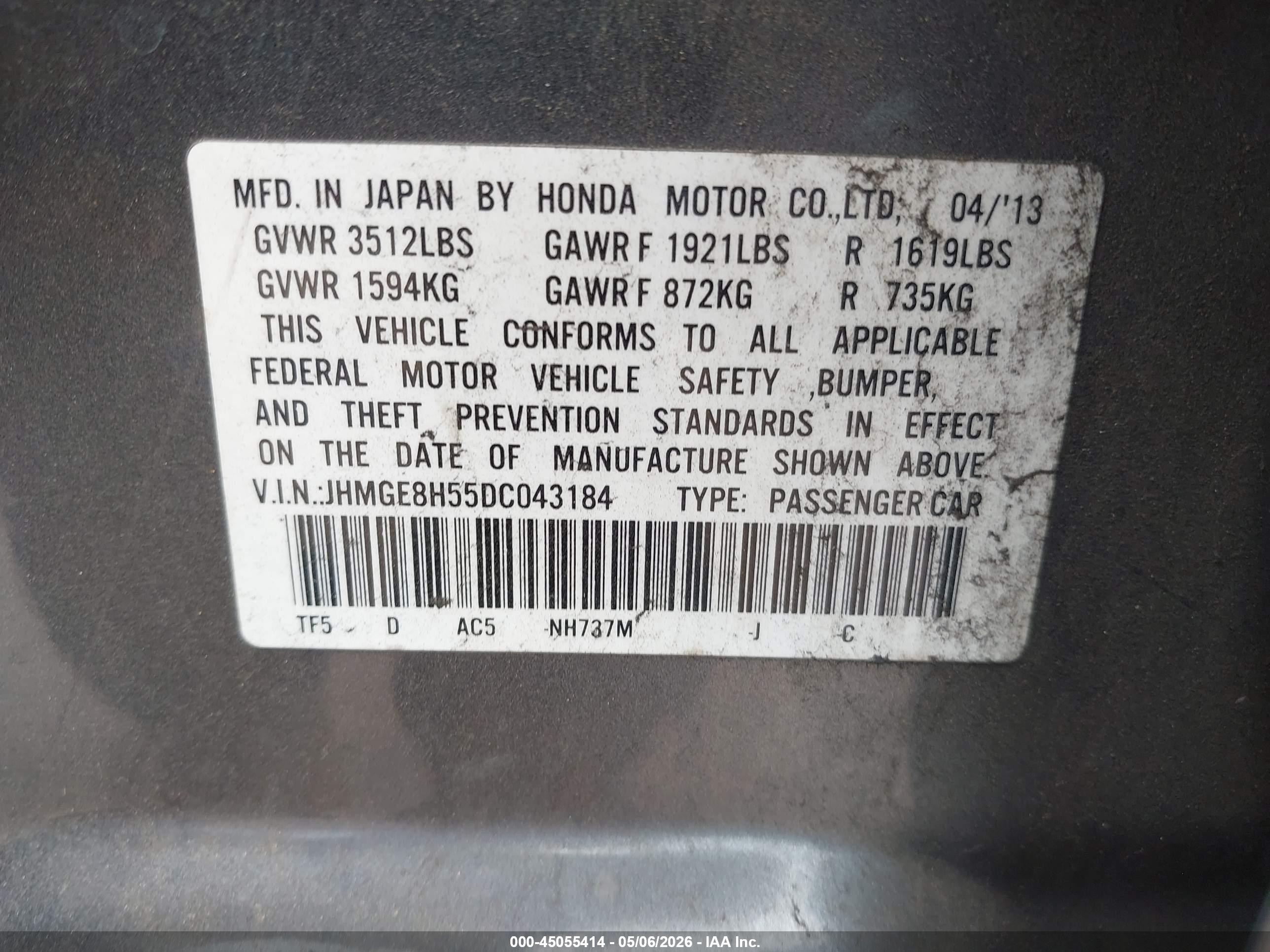 2013 Honda Fit Sport Gray vin: JHMGE8H55DC043184