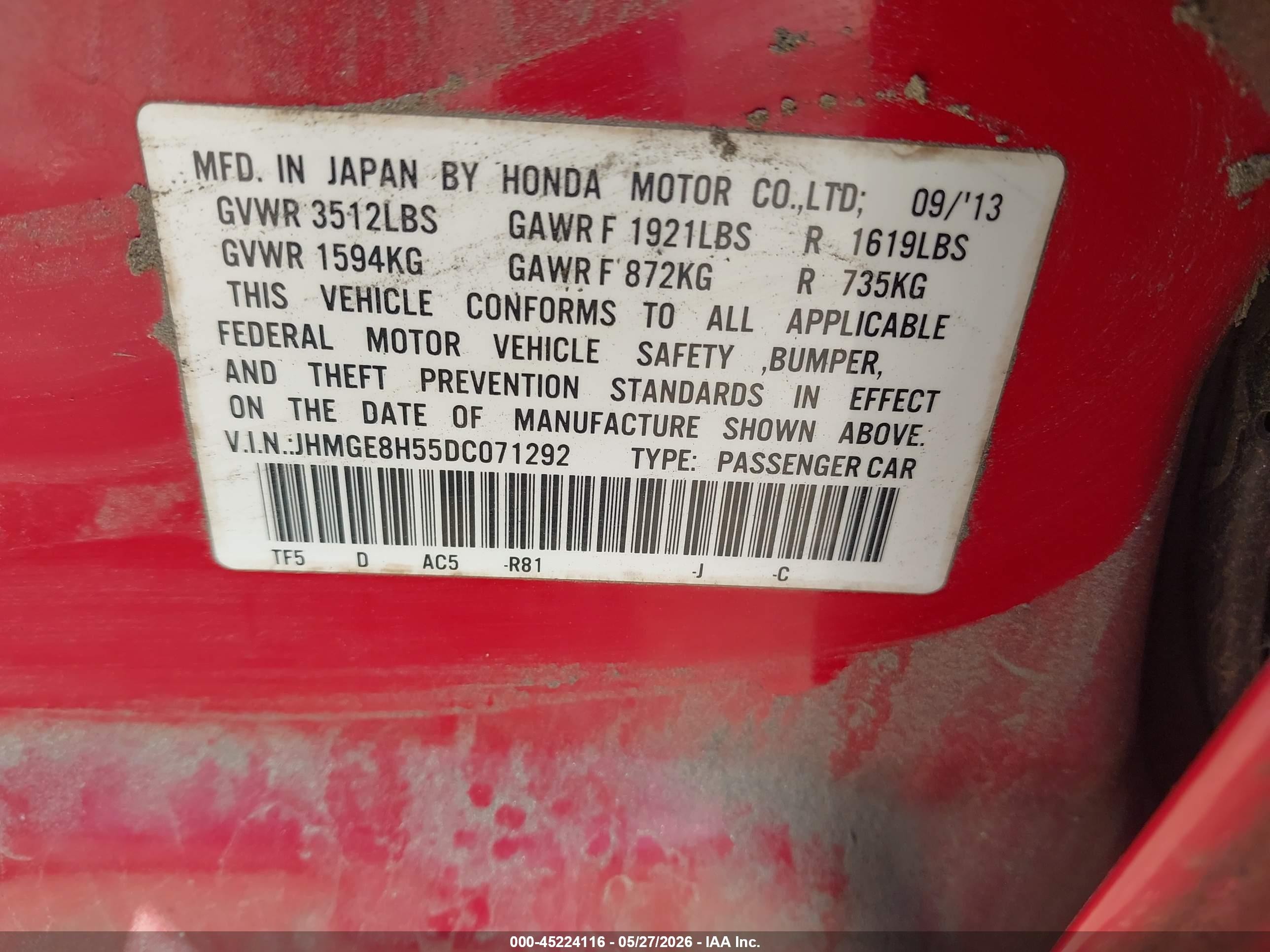 2013 Honda Fit Sport Red vin: JHMGE8H55DC071292