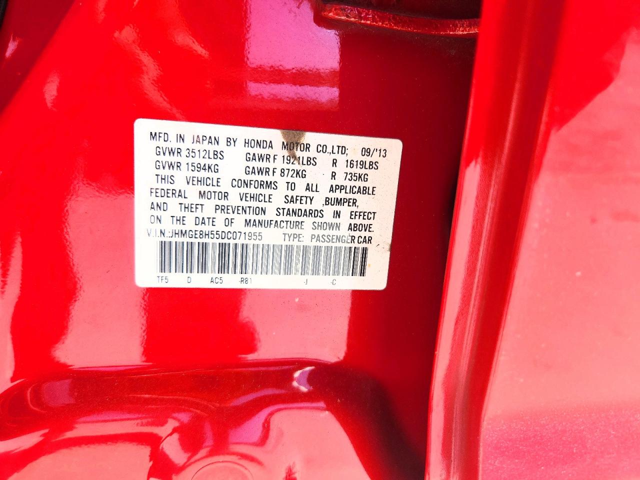 2013 Honda Fit Sport Red vin: JHMGE8H55DC071955
