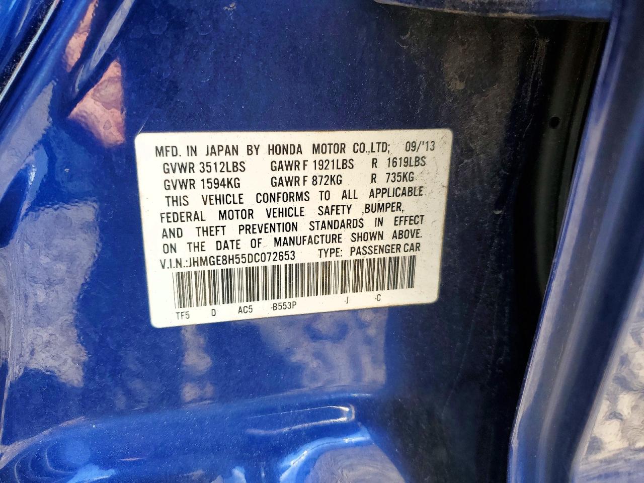 2013 Honda Fit Sport Blue vin: JHMGE8H55DC072653