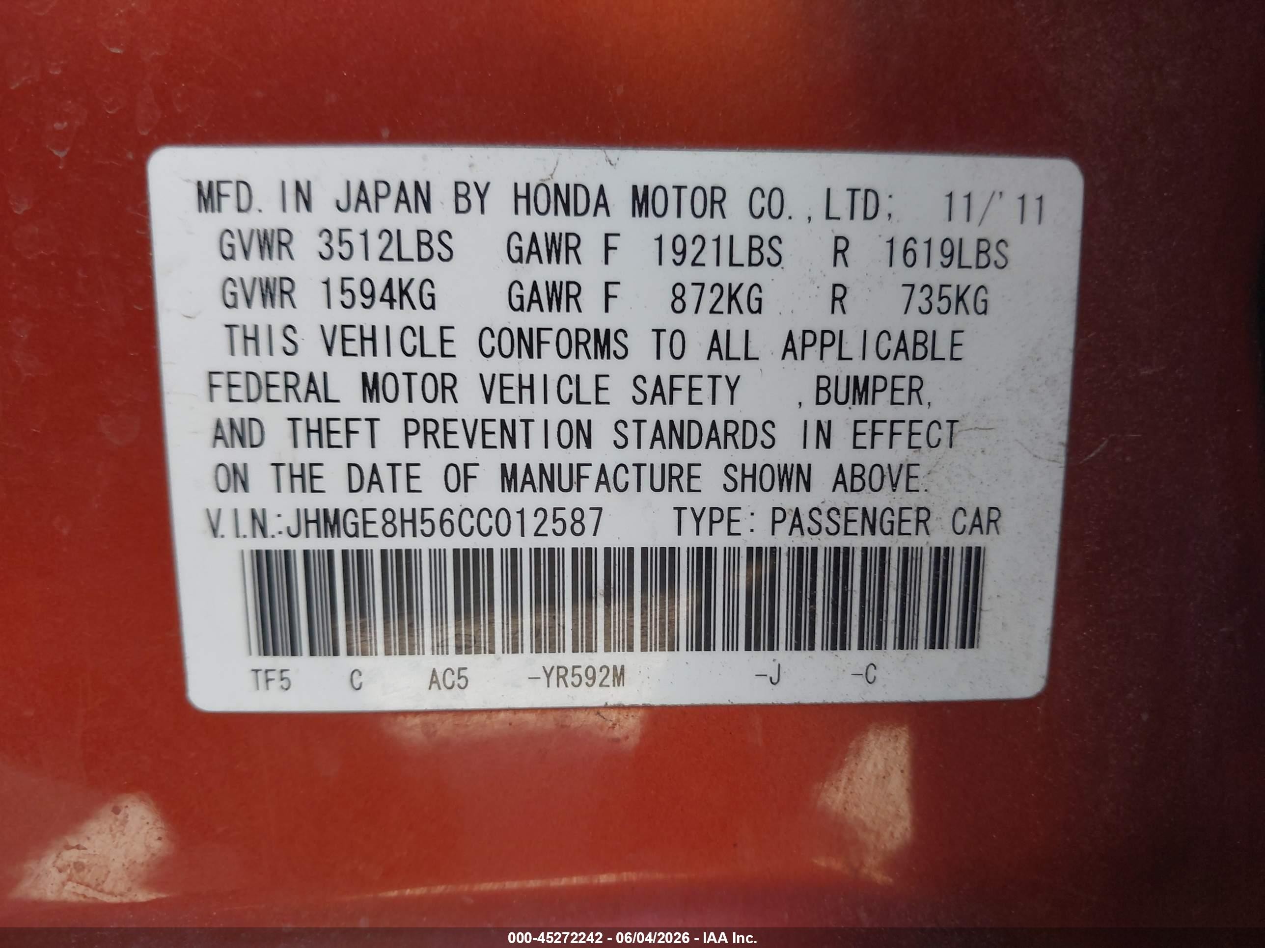 2012 Honda Fit Sport Orange vin: JHMGE8H56CC012587