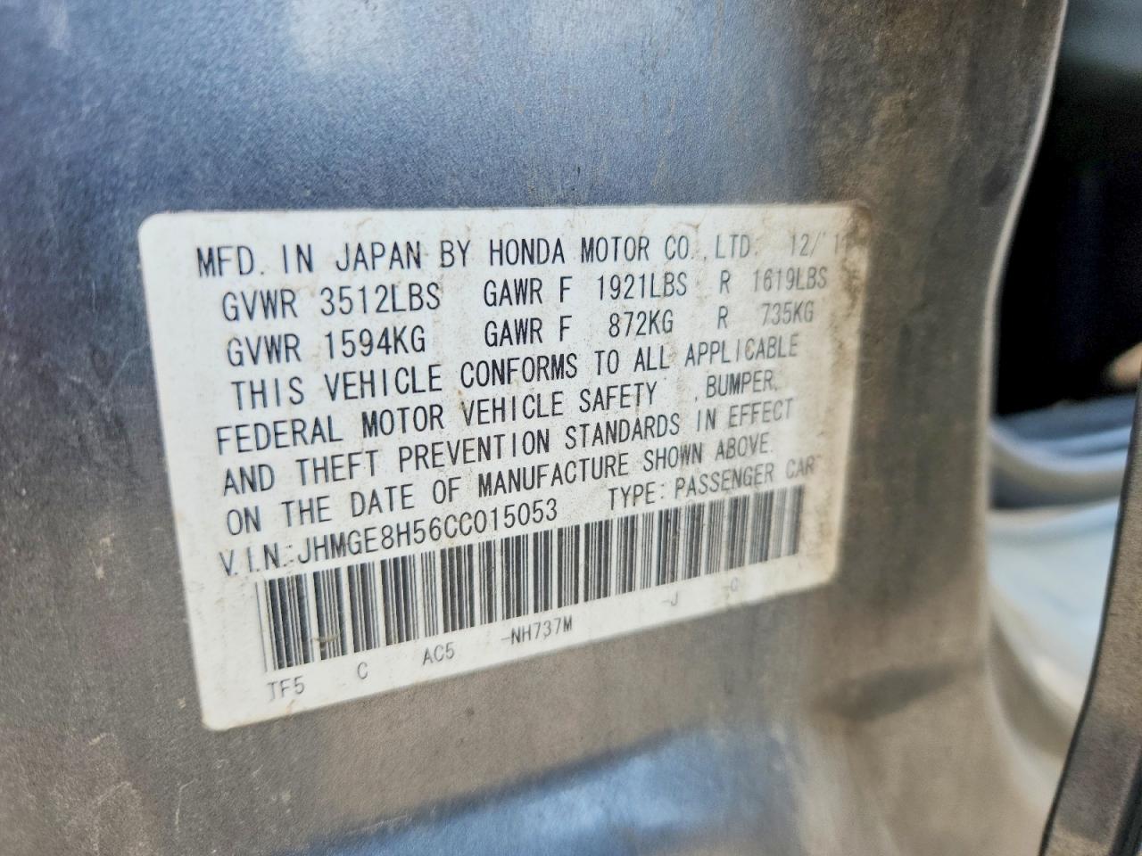 2012 Honda Fit Sport Gray vin: JHMGE8H56CC015053