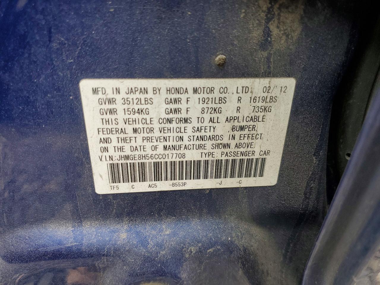 2012 Honda Fit Sport Blue vin: JHMGE8H56CC017708