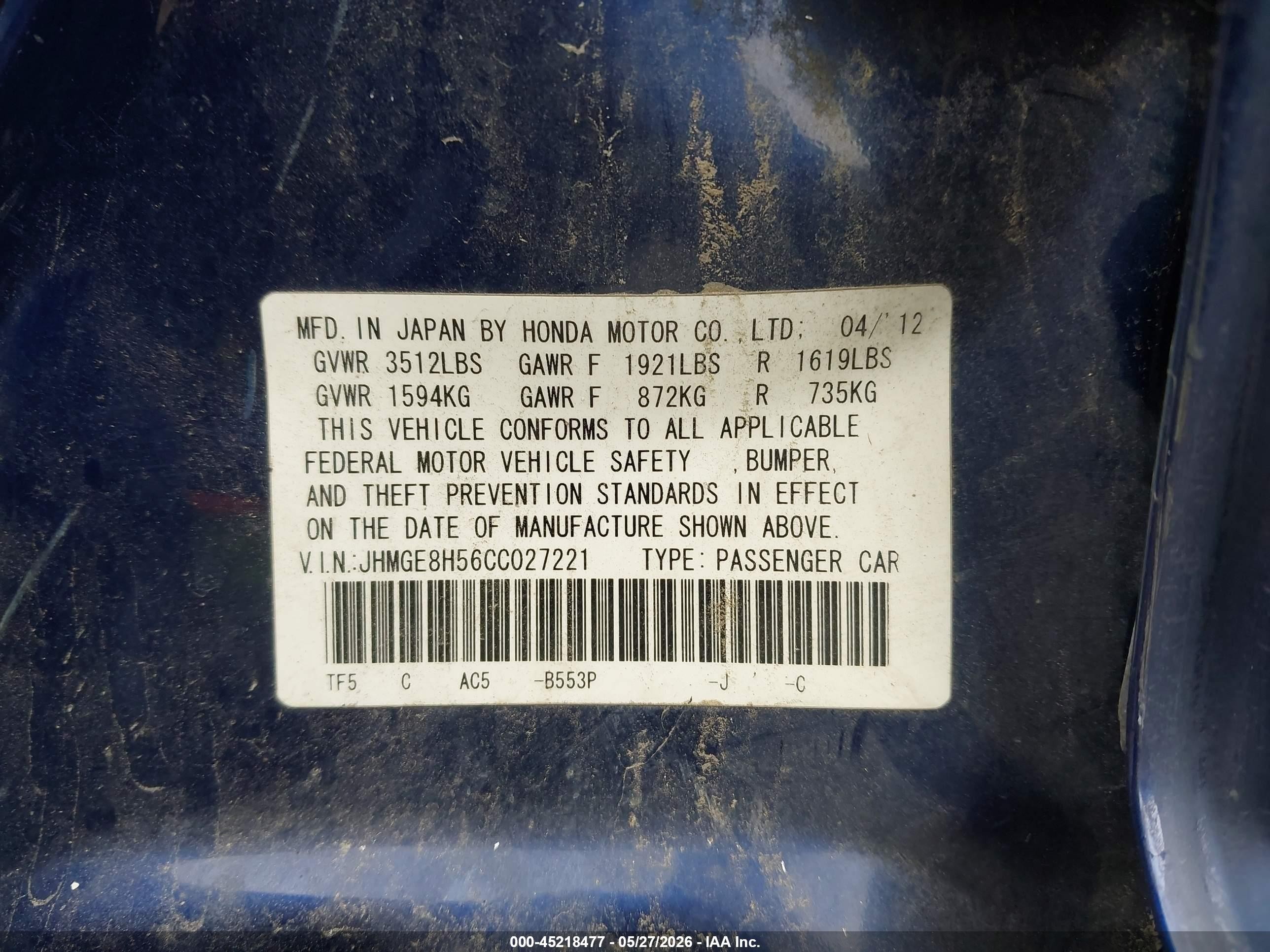2012 Honda Fit Sport Dark Blue vin: JHMGE8H56CC027221