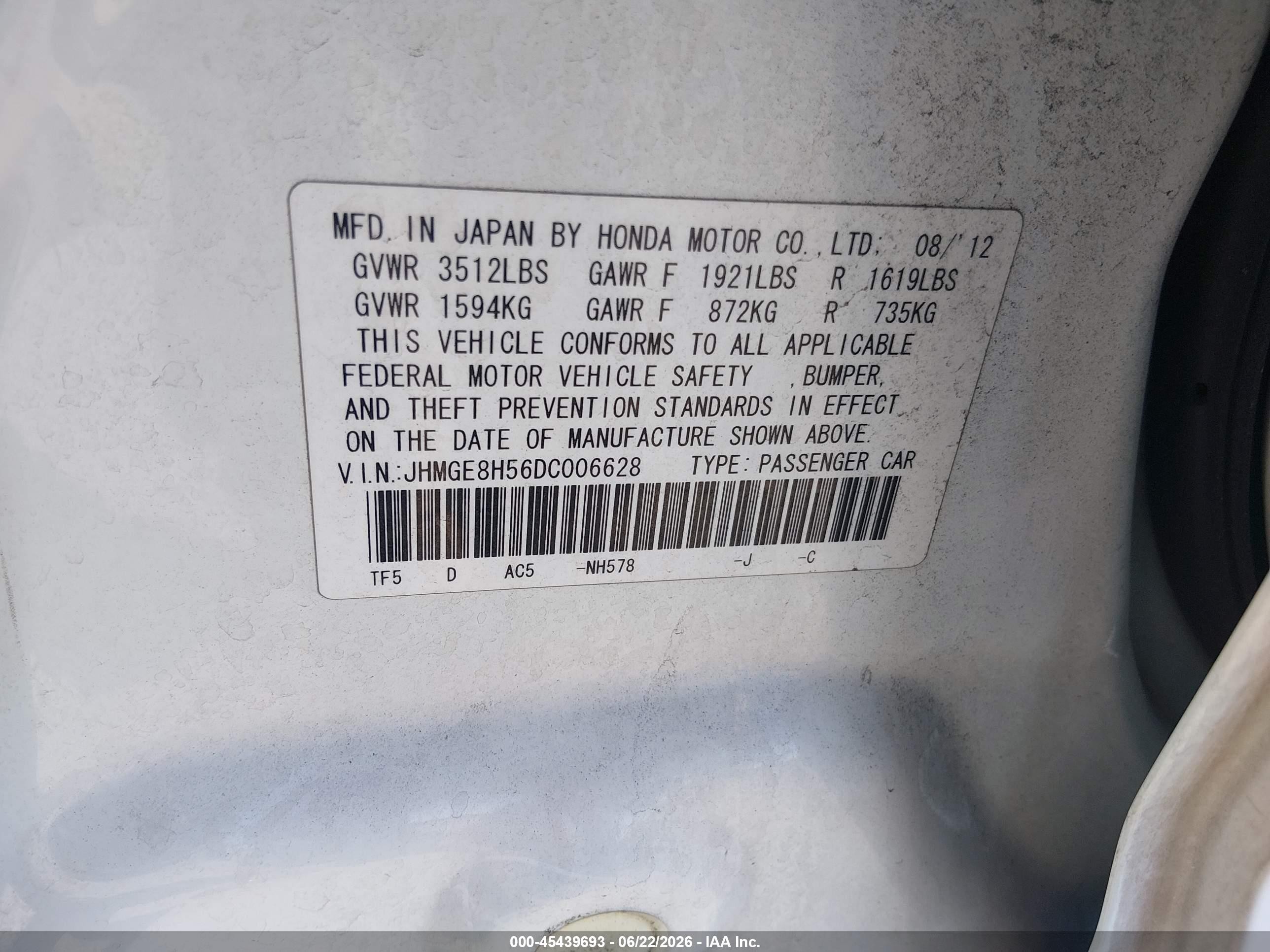 2013 Honda Fit Sport White vin: JHMGE8H56DC006628