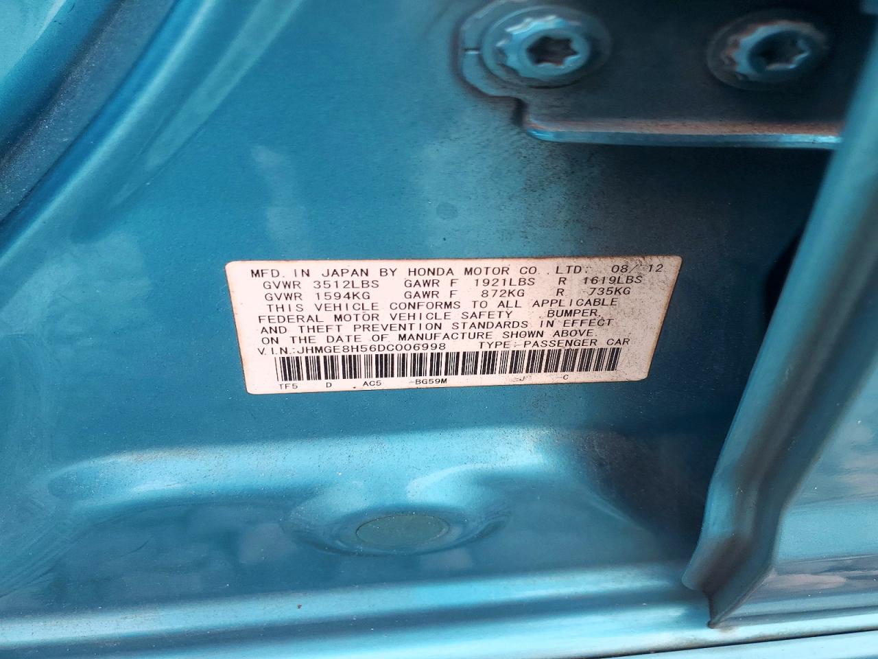 2013 Honda Fit Sport Turquoise vin: JHMGE8H56DC006998