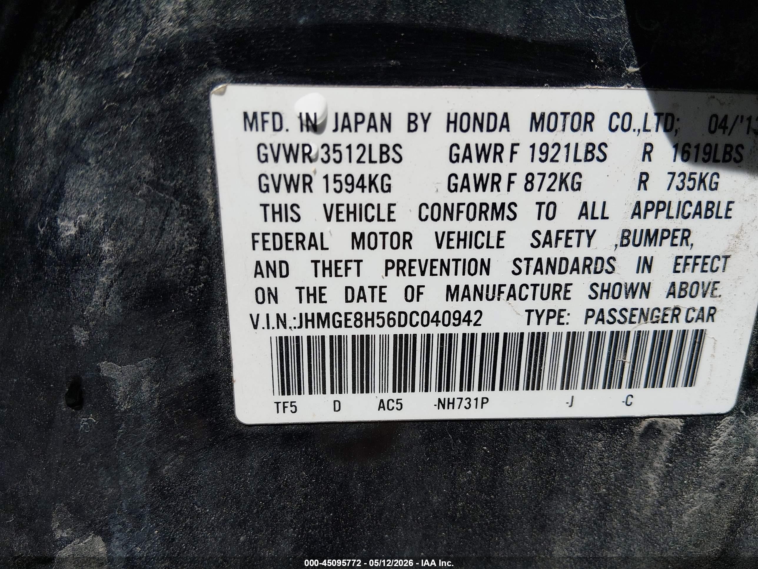 2013 Honda Fit Sport Black vin: JHMGE8H56DC040942