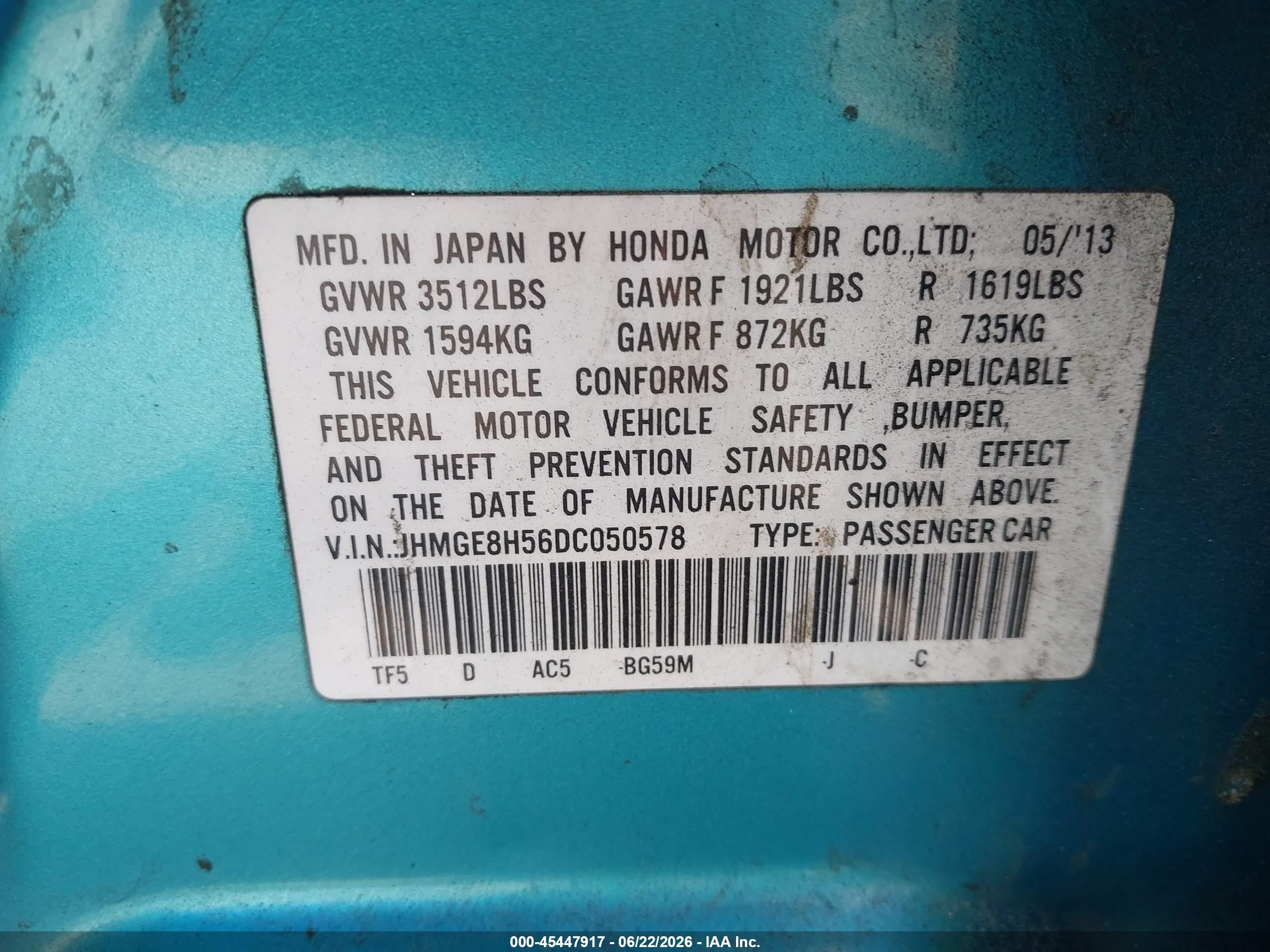 2013 Honda Fit Sport Blue vin: JHMGE8H56DC050578