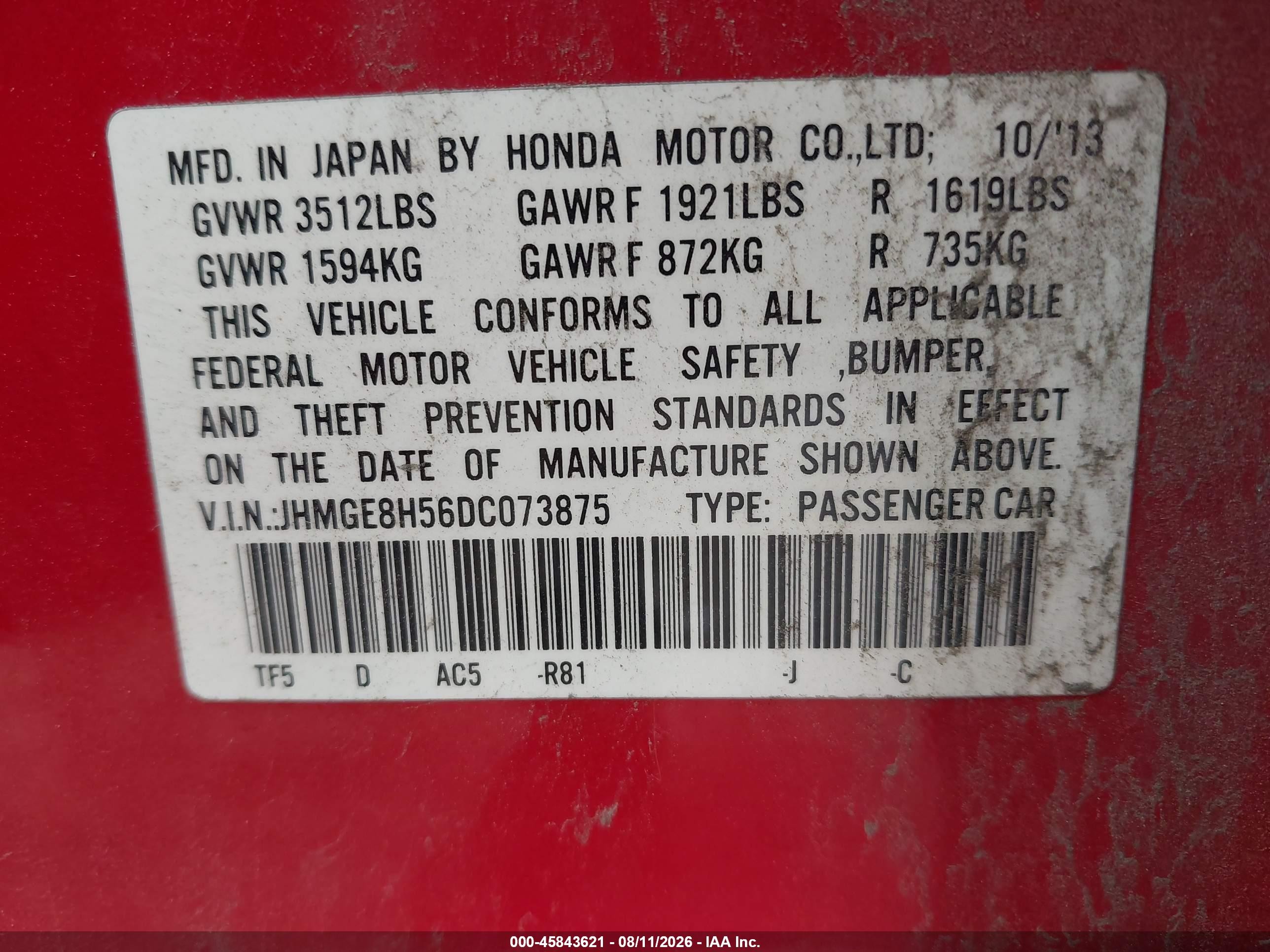 2013 Honda Fit Sport Red vin: JHMGE8H56DC073875