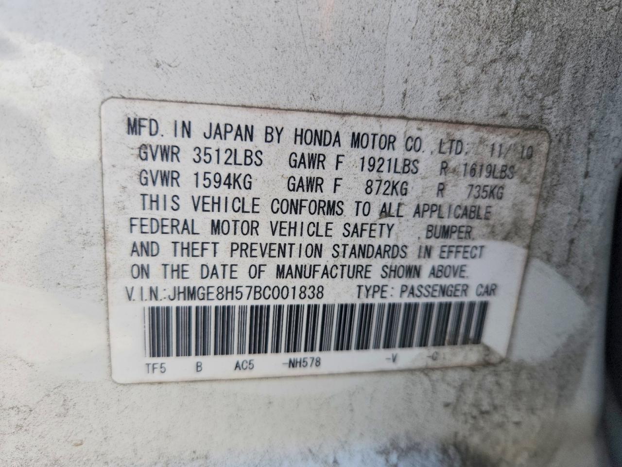 2011 Honda Fit Sport White vin: JHMGE8H57BC001838