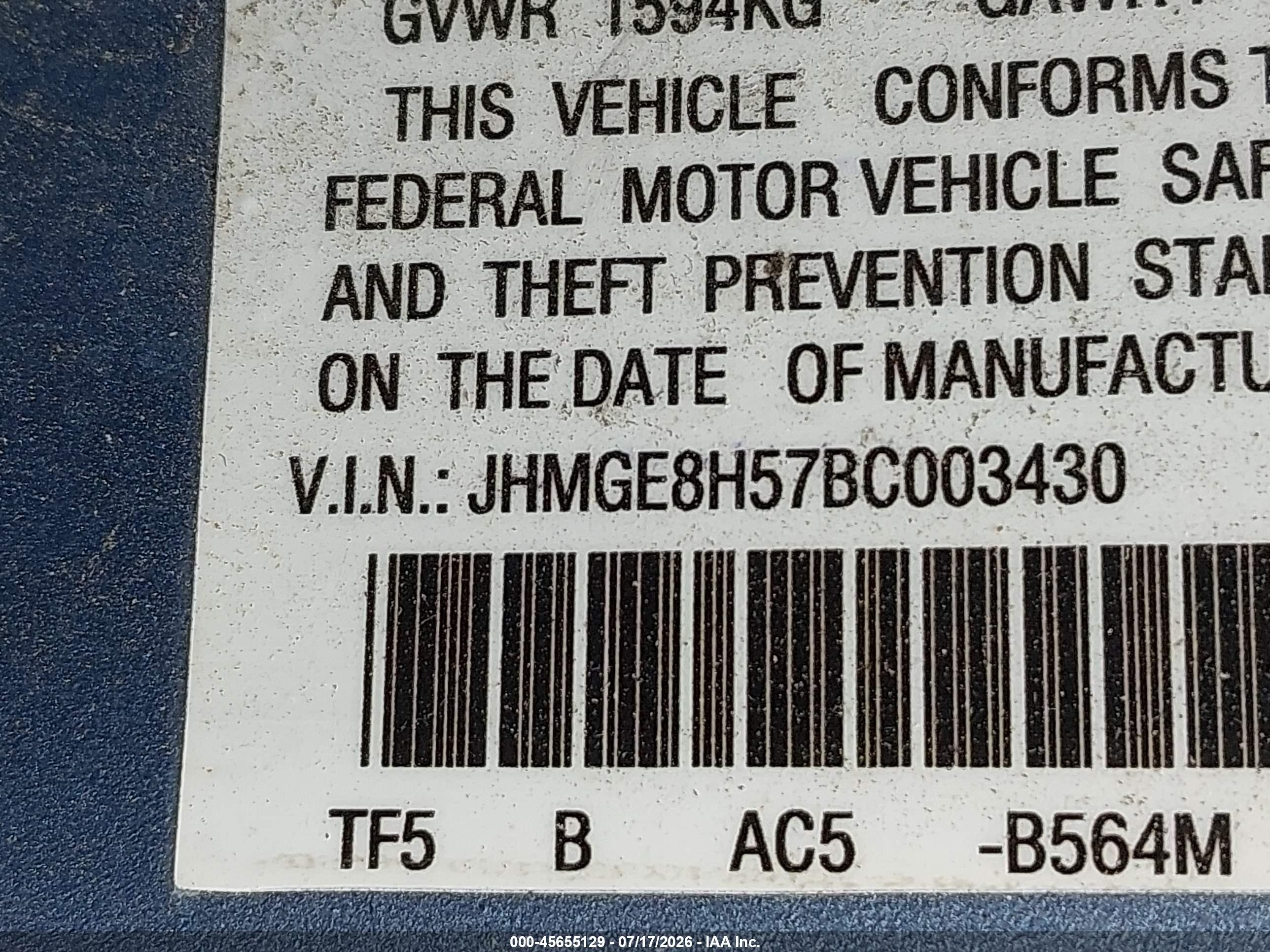 2011 Honda Fit Sport Light Blue vin: JHMGE8H57BC003430