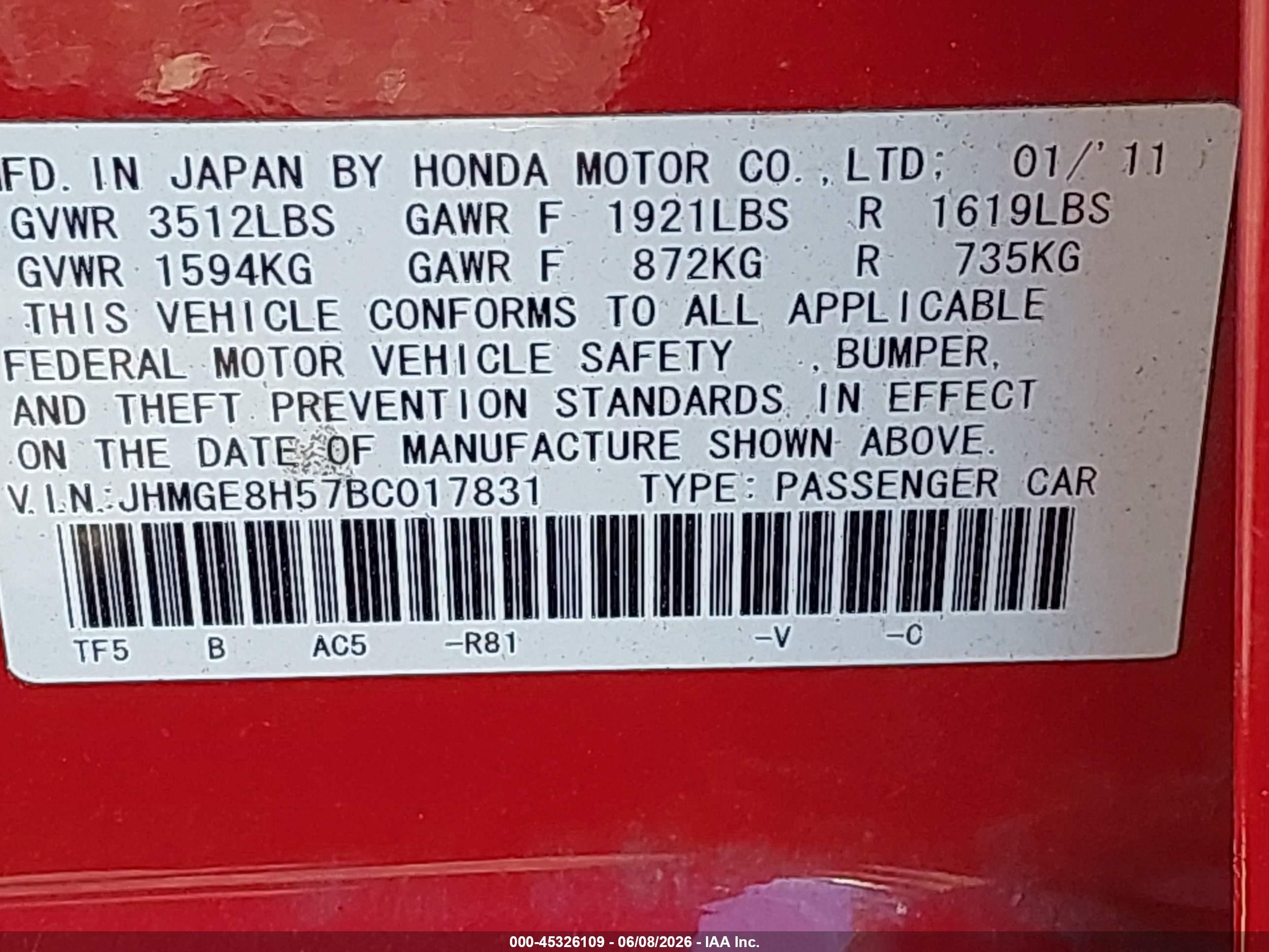 2011 Honda Fit Sport Красный vin: JHMGE8H57BC017831