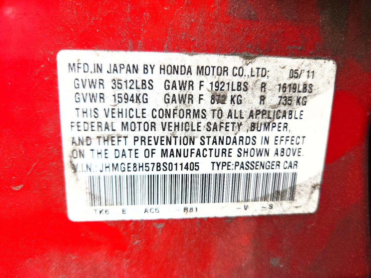 2011 Honda Fit Sport Red vin: JHMGE8H57BS011405