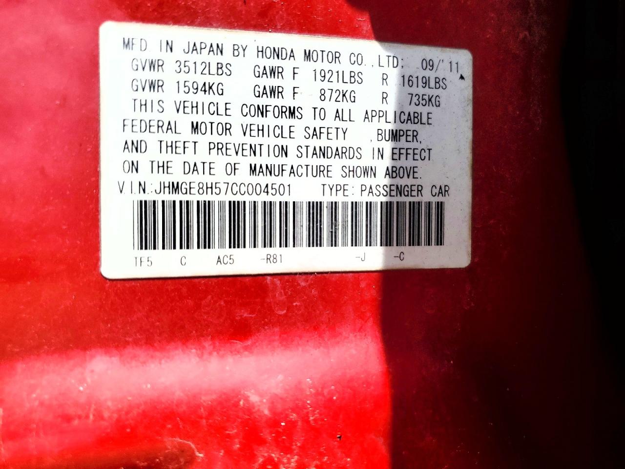 2012 Honda Fit Sport Red vin: JHMGE8H57CC004501