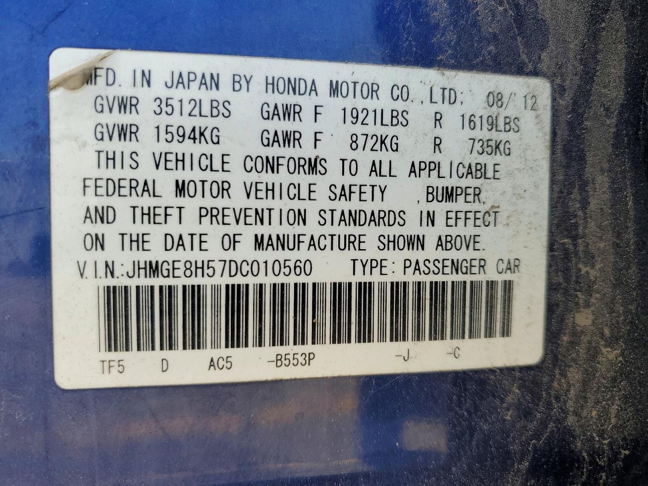 2013 Honda Fit Sport Blue vin: JHMGE8H57DC010560