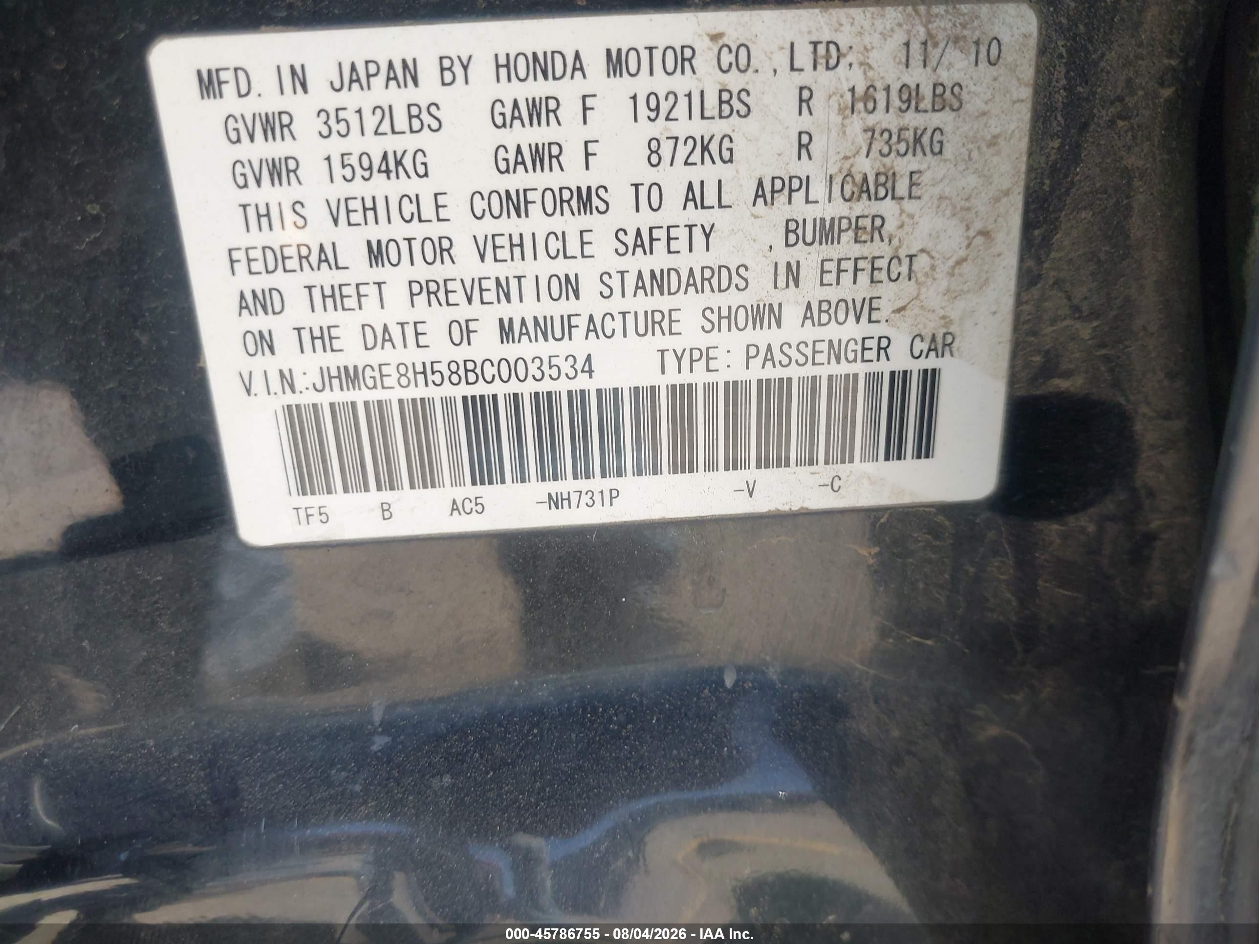 2011 Honda Fit Sport Black vin: JHMGE8H58BC003534
