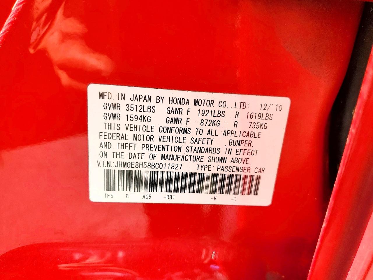 2011 Honda Fit Sport Red vin: JHMGE8H58BC011827