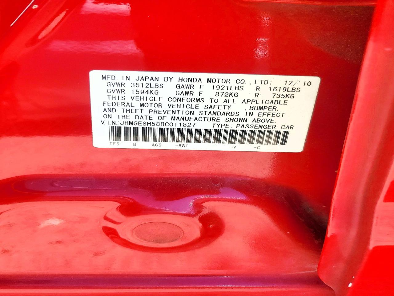 2011 Honda Fit Sport Red vin: JHMGE8H58BC011827