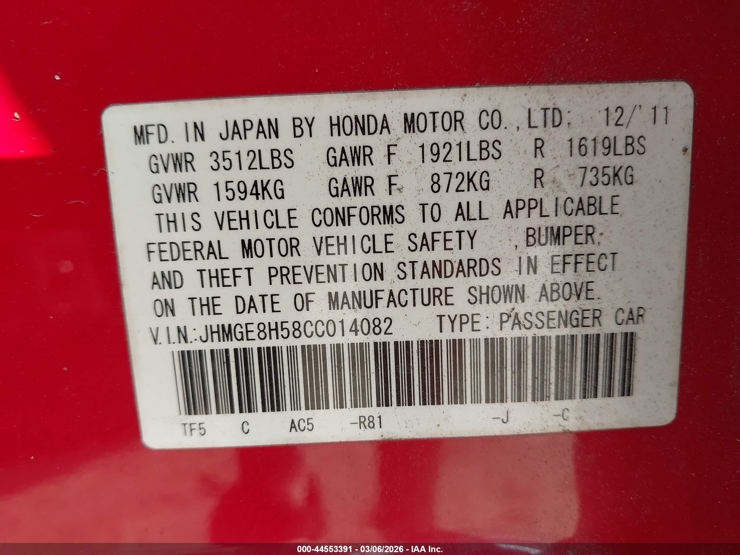 2012 Honda Fit Sport Red vin: JHMGE8H58CC014082