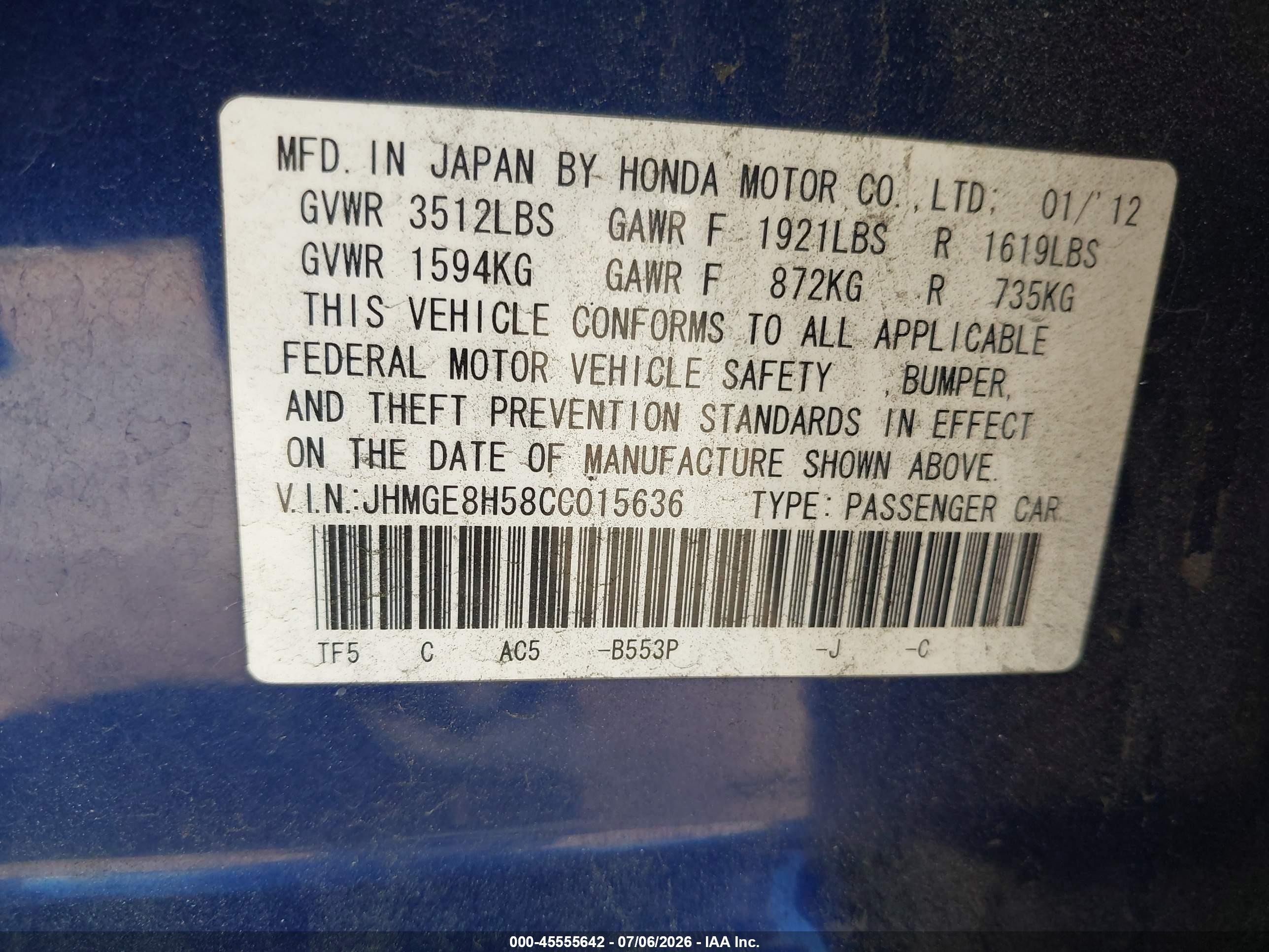 2012 Honda Fit Sport Blue vin: JHMGE8H58CC015636