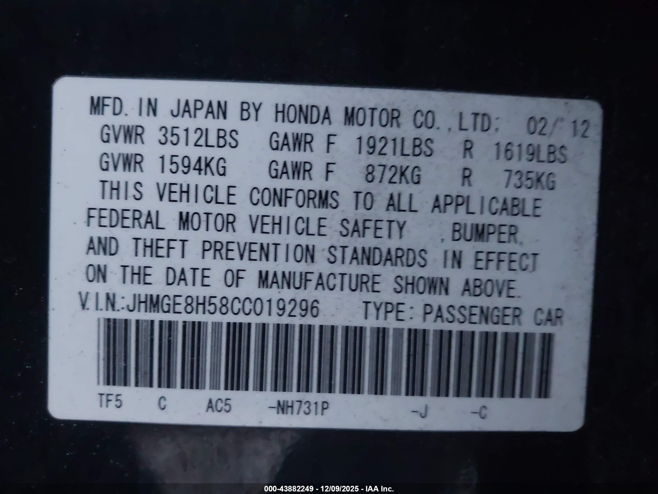 2012 Honda Fit Sport Black vin: JHMGE8H58CC019296
