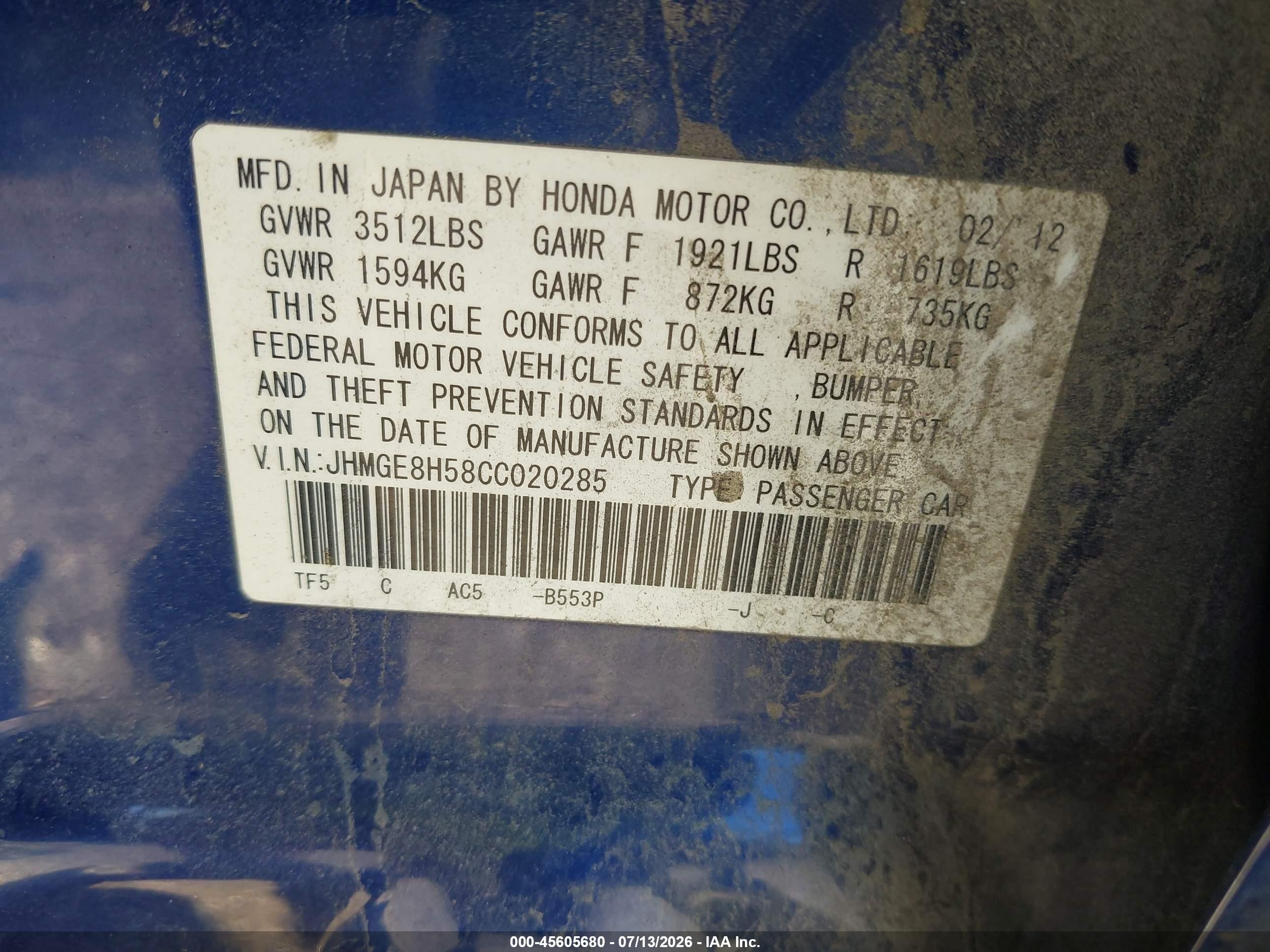 2012 Honda Fit Sport Blue vin: JHMGE8H58CC020285