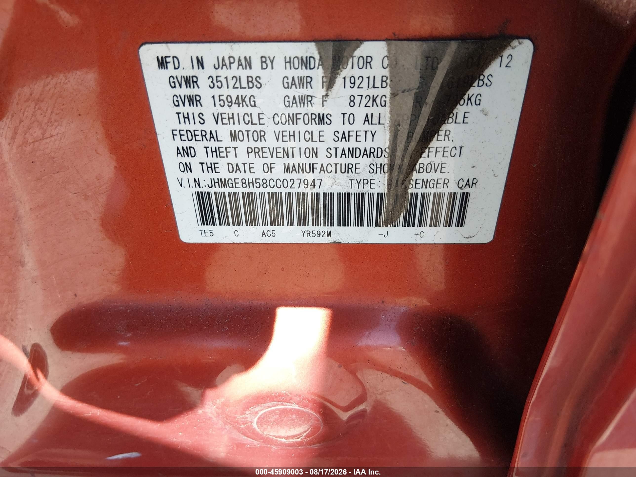 2012 Honda Fit Sport Orange vin: JHMGE8H58CC027947
