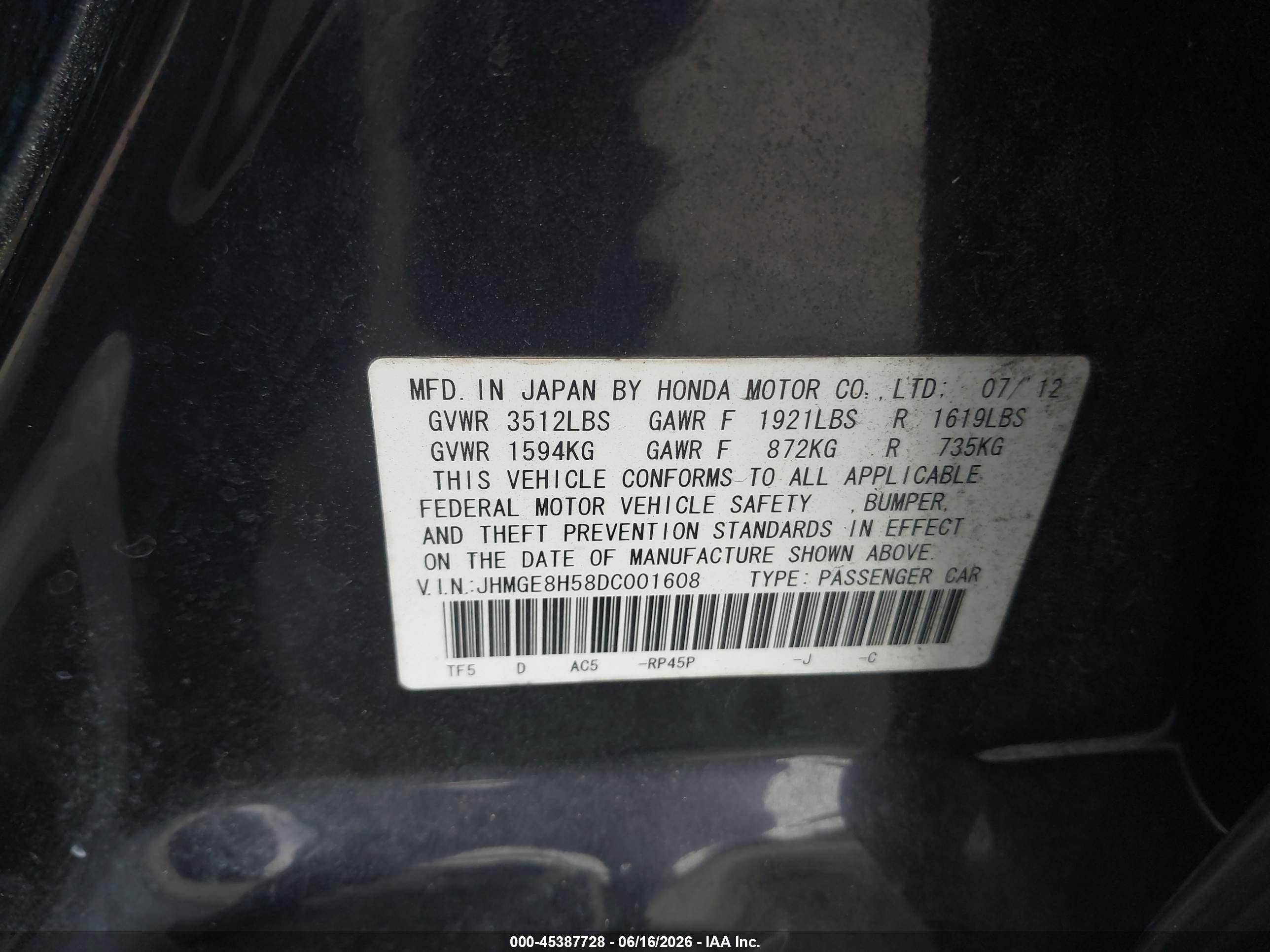 2013 Honda Fit Sport Фиолетовый vin: JHMGE8H58DC001608