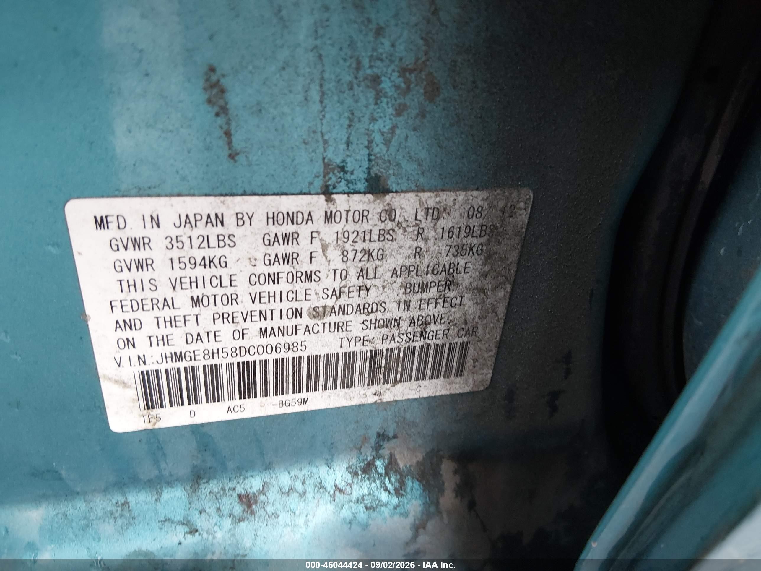 2013 Honda Fit Sport Teal vin: JHMGE8H58DC006985