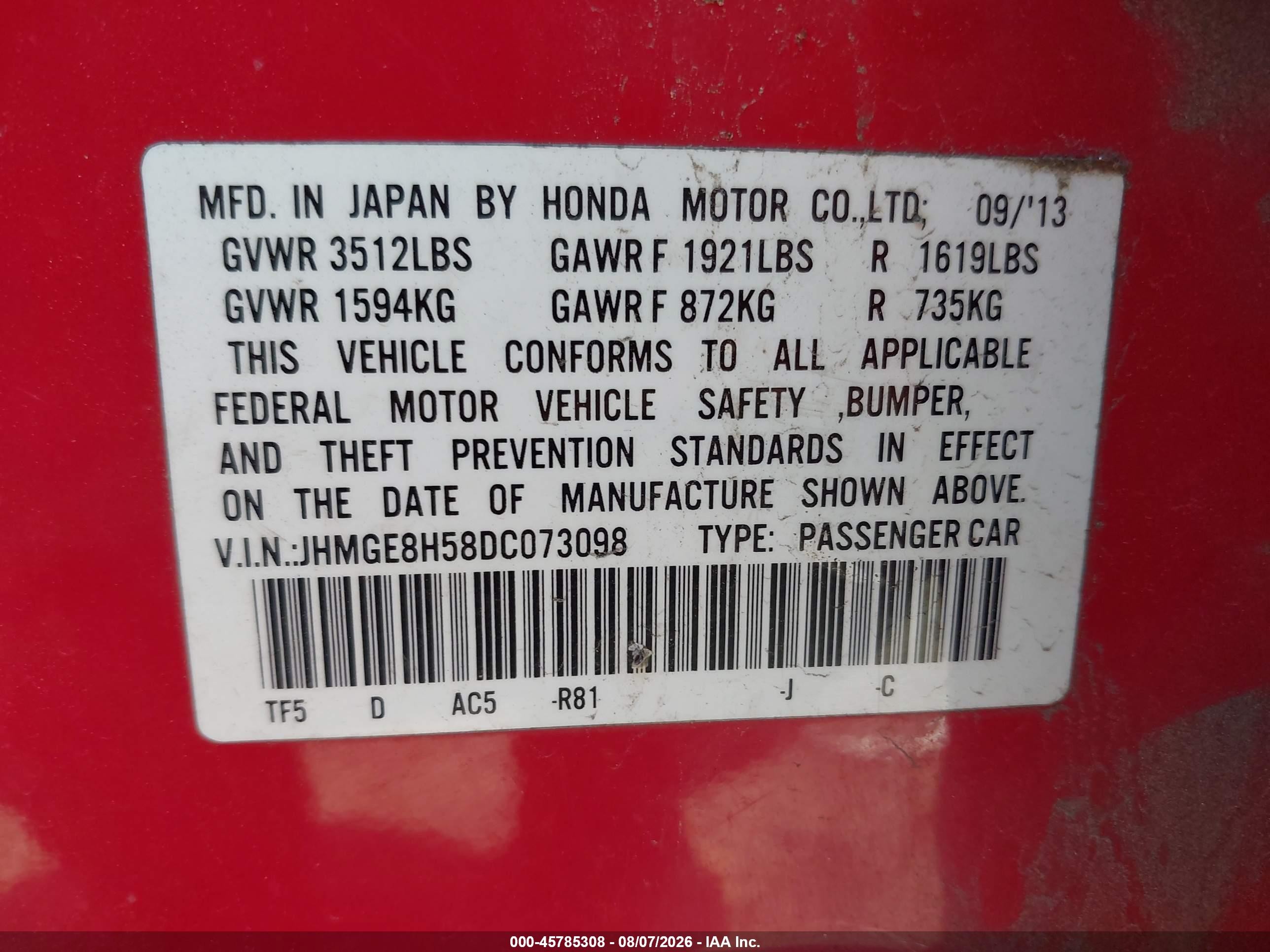 2013 Honda Fit Sport Red vin: JHMGE8H58DC073098