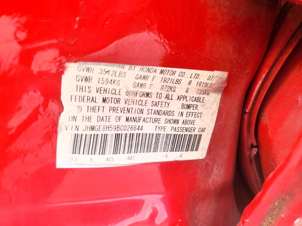 2011 Honda Fit Sport Красный vin: JHMGE8H59BC026644