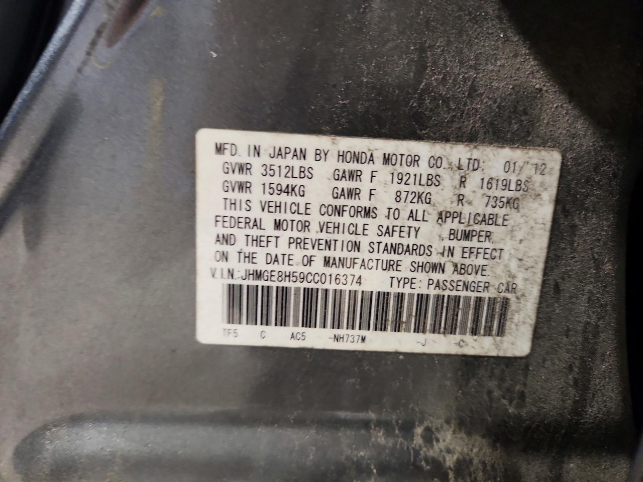 2012 Honda Fit Sport Charcoal vin: JHMGE8H59CC016374