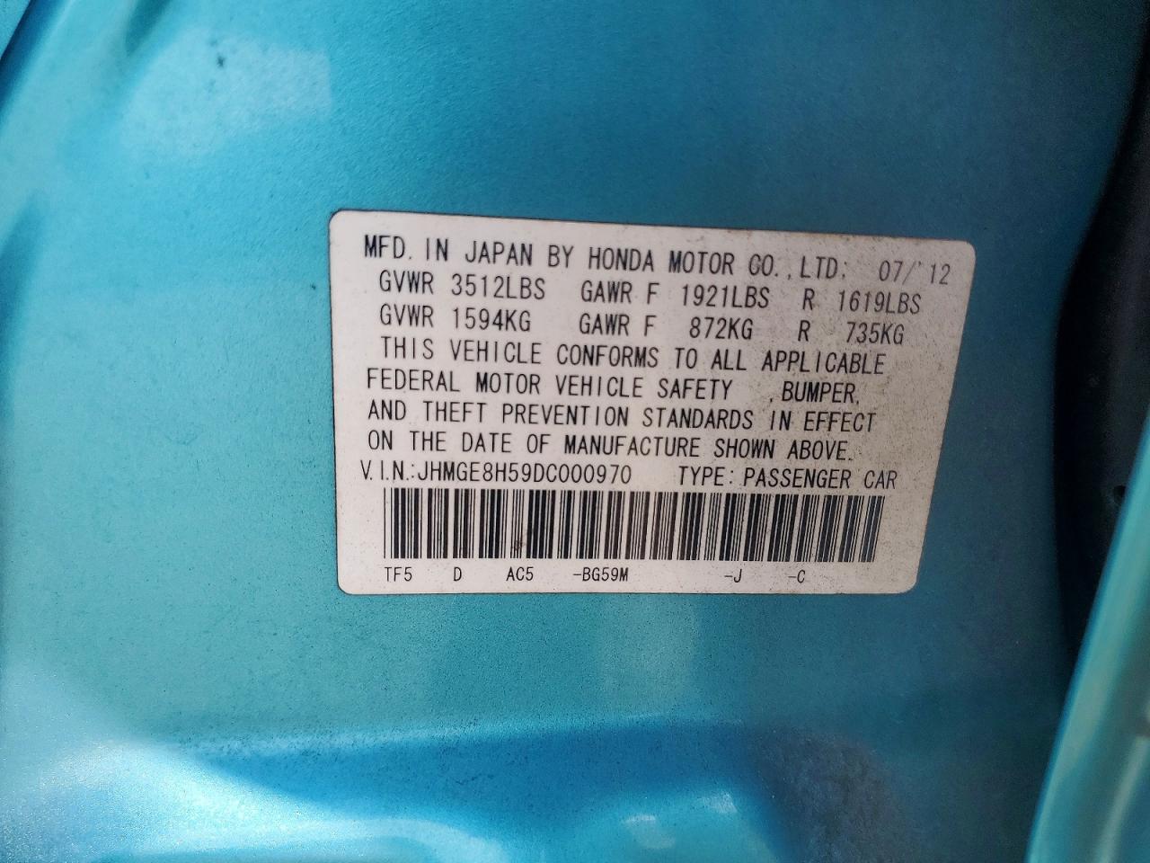 2013 Honda Fit Sport Turquoise vin: JHMGE8H59DC000970