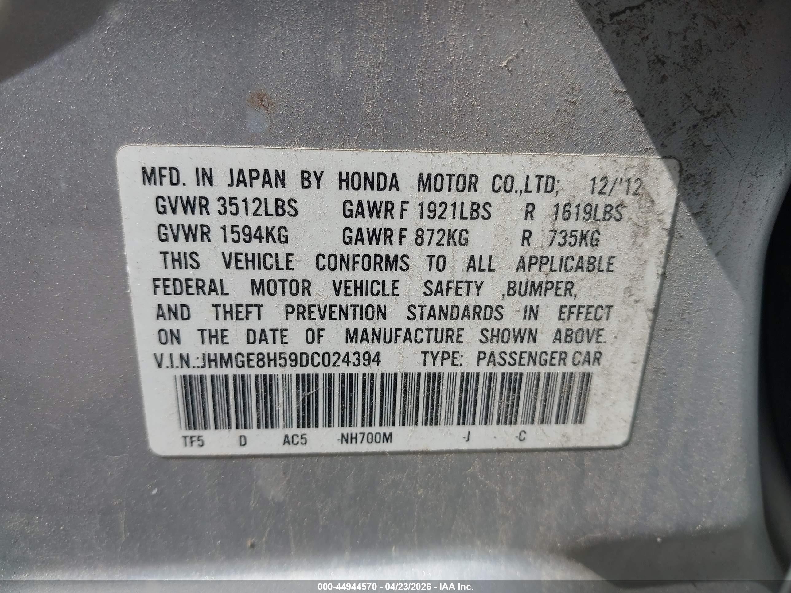 2013 Honda Fit Sport Silver vin: JHMGE8H59DC024394