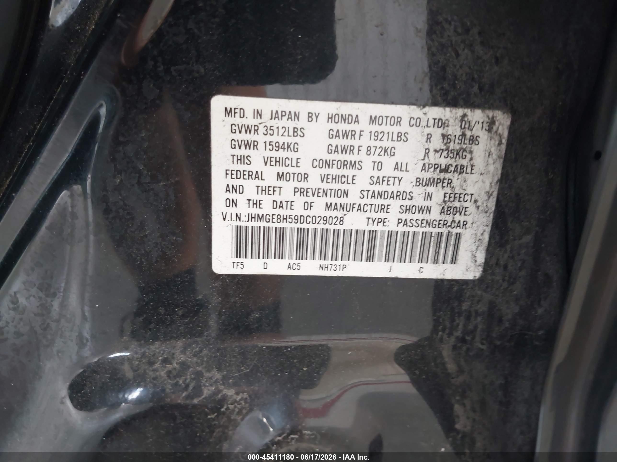 2013 Honda Fit Sport Black vin: JHMGE8H59DC029028